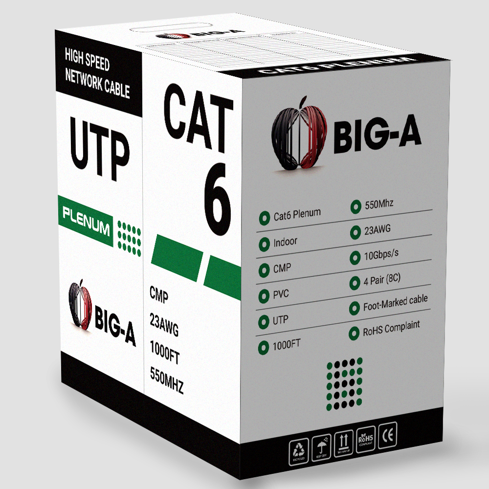 Cat6 Plenum CMP Ethernet Cable 550MHz UTP Pull Box 1000ft 5 Colors