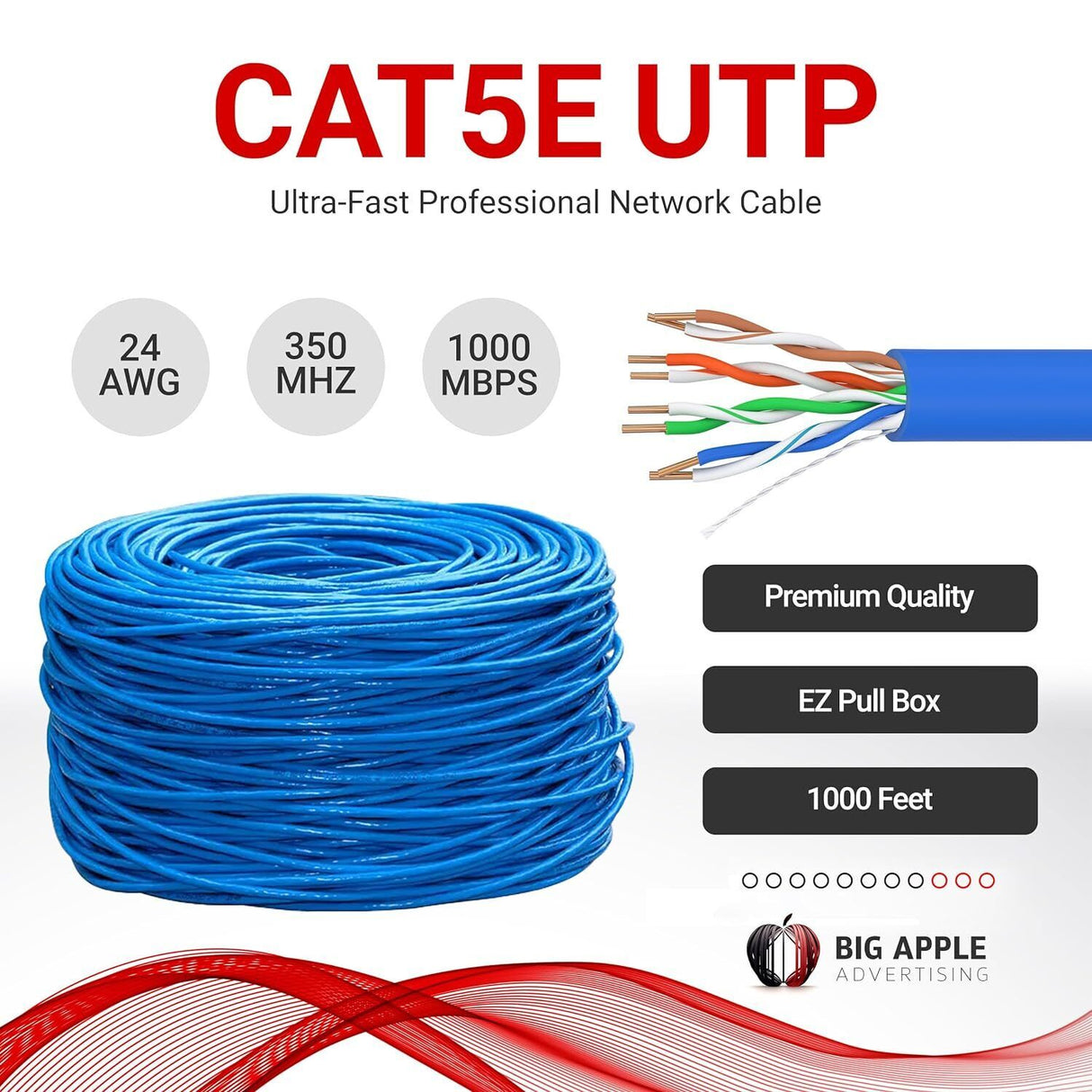 Cat5e Ethernet Cable 1000ft | Plenum (CMP) | UTP 24AWG | 350MHz