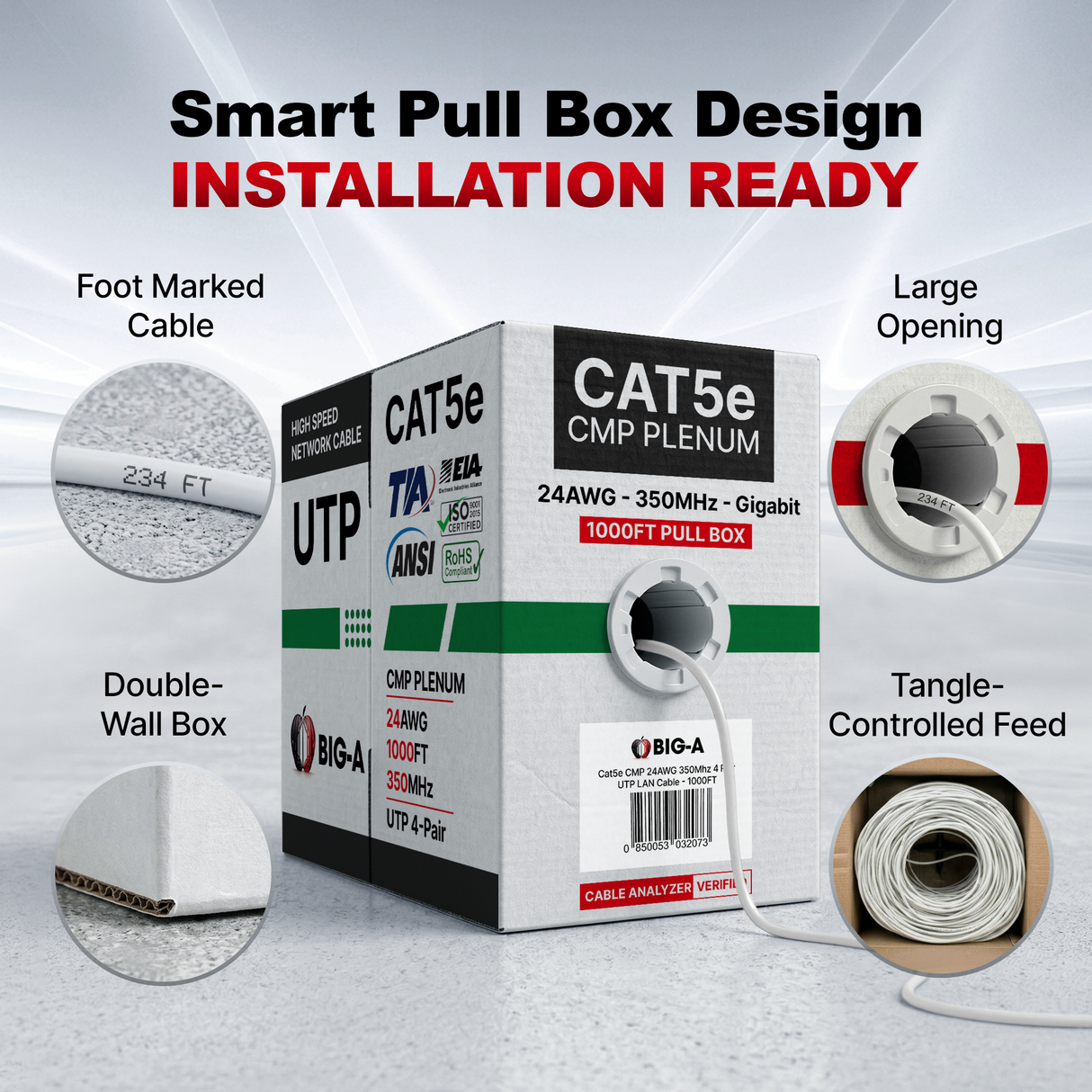 Cat5e Plenum Cable 1000ft CMP 24AWG UTP 350MHz – Bulk Ethernet Network Wire, Unshielded