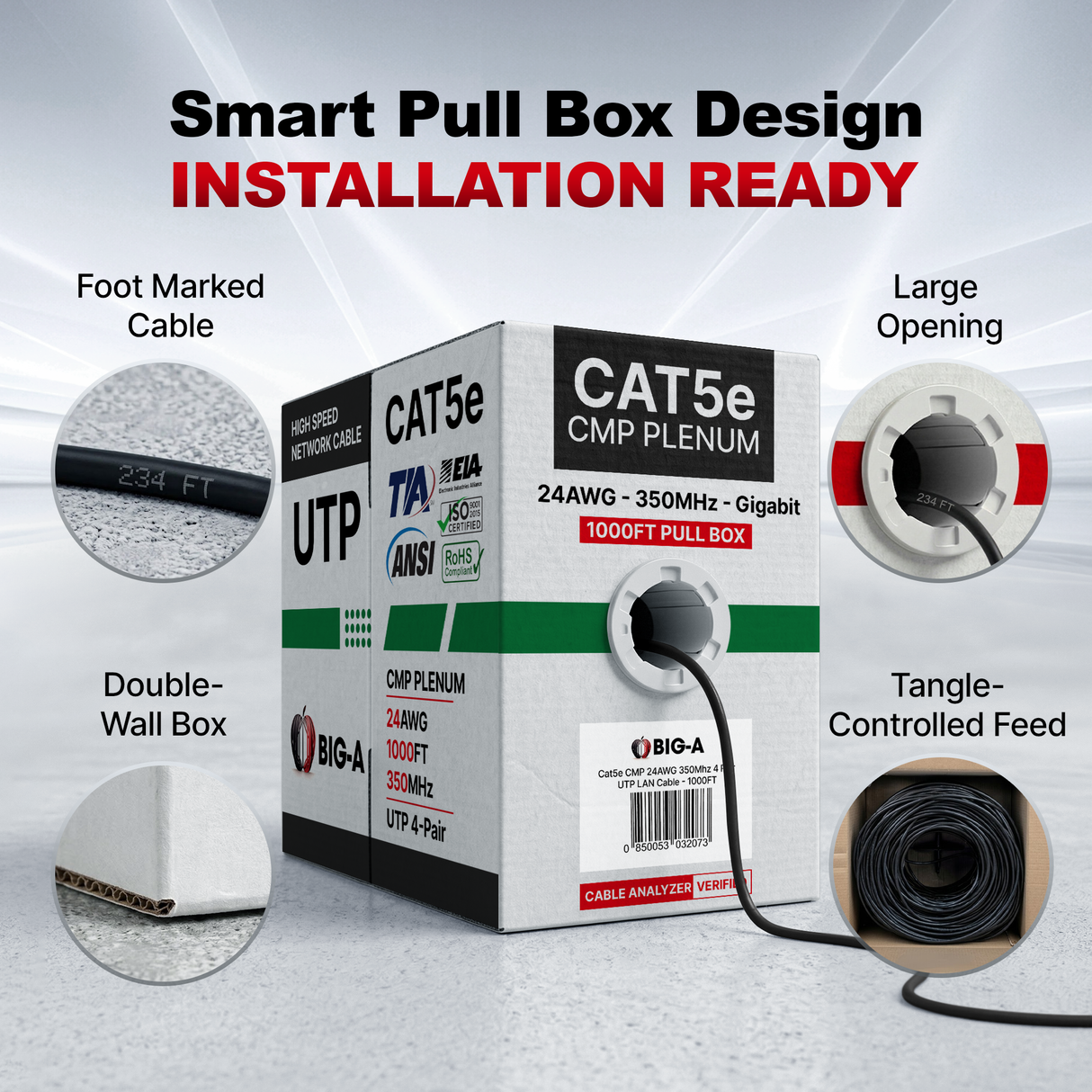 Cat5e Plenum Cable 1000ft CMP 24AWG UTP 350MHz – Bulk Ethernet Network Wire, Unshielded