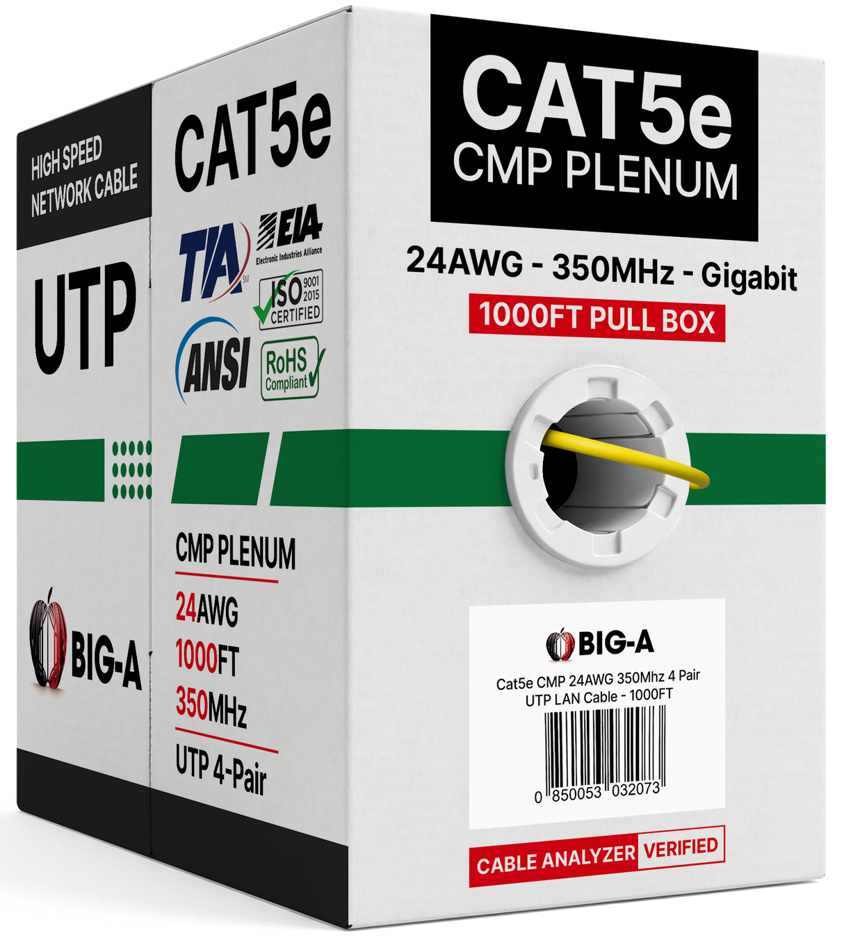 Cat5e Plenum Cable 1000ft CMP 24AWG UTP 350MHz – Bulk Ethernet Network Wire, Unshielded