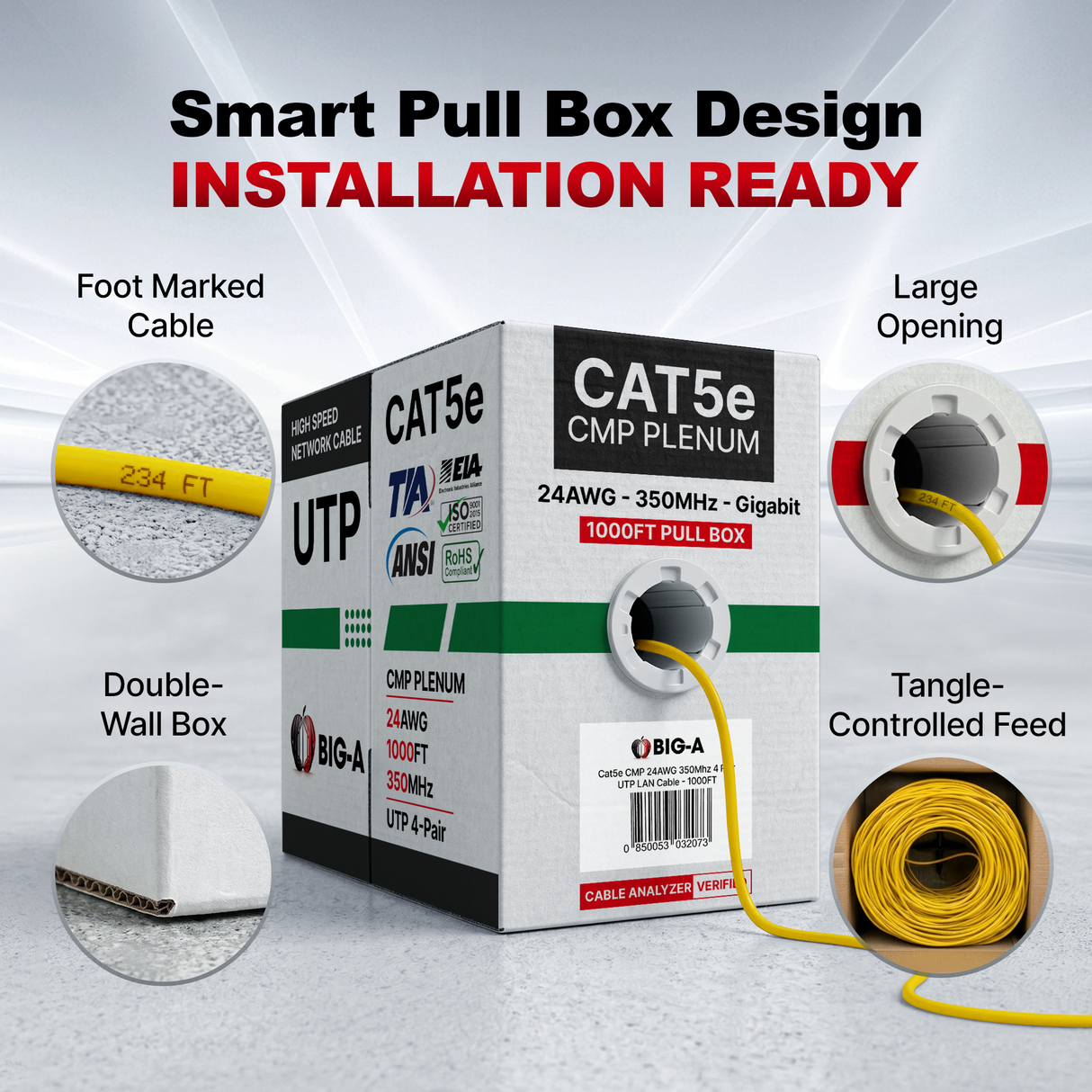Cat5e Plenum Cable 1000ft CMP 24AWG UTP 350MHz – Bulk Ethernet Network Wire, Unshielded