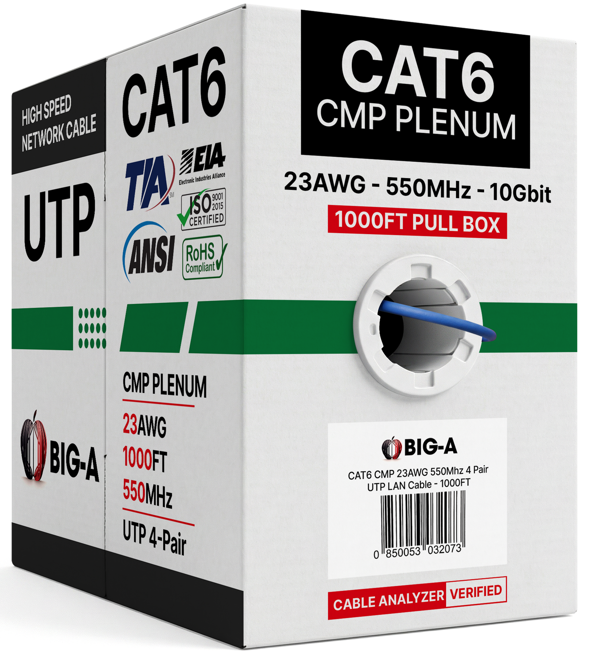 Cat6 Plenum CMP Ethernet Cable 550MHz UTP Pull Box 1000ft 5 Colors
