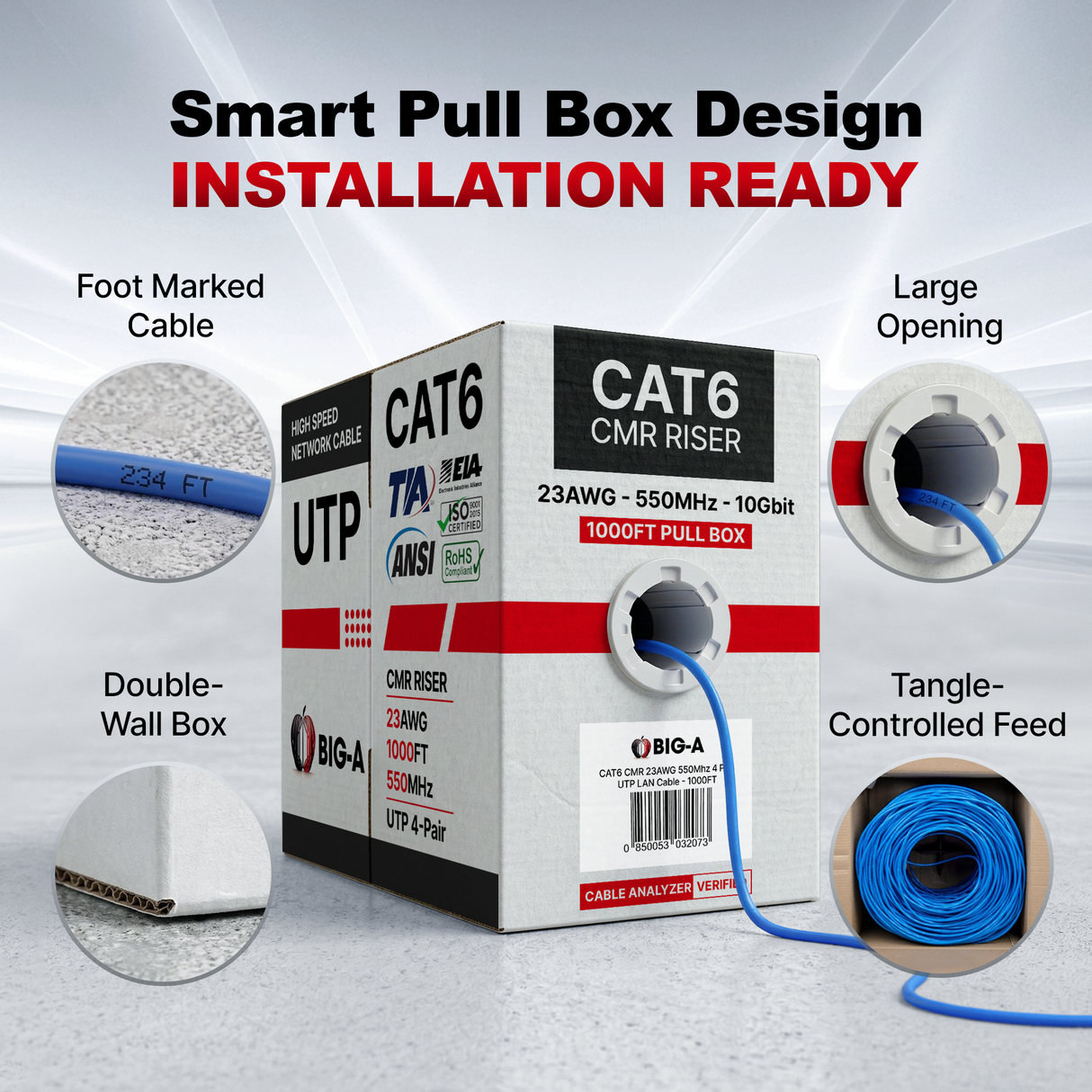 Cat6 Ethernet Cable CMR Riser 23AWG UTP 550MHz Easy Pull Box 1000ft