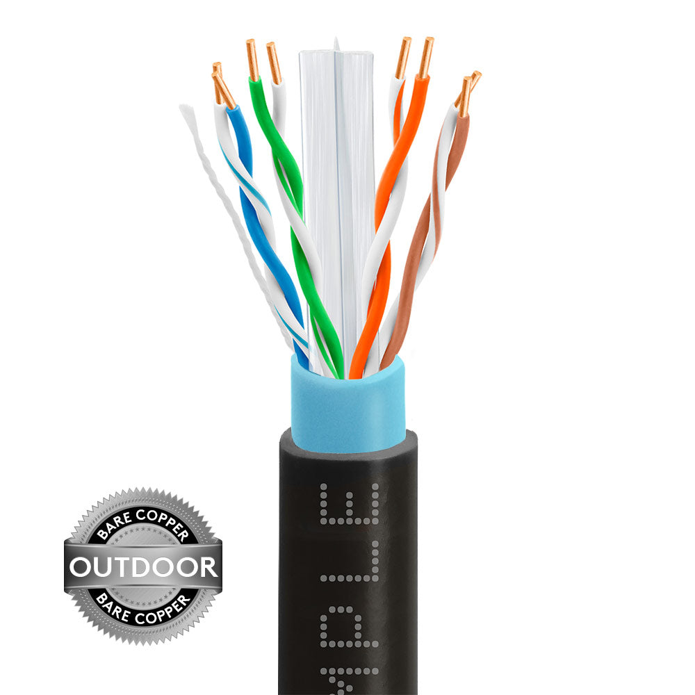Cat6 Outdoor Direct Burial Ethernet Cable CMX Solid Bare Copper 23AWG 1000ft Black