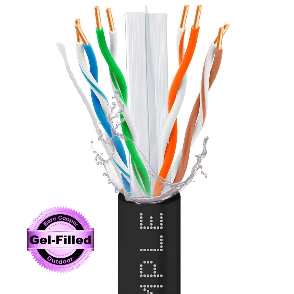 Cat6 Outdoor Direct Burial Ethernet Cable CMX Solid Bare Copper 23AWG 1000ft Black