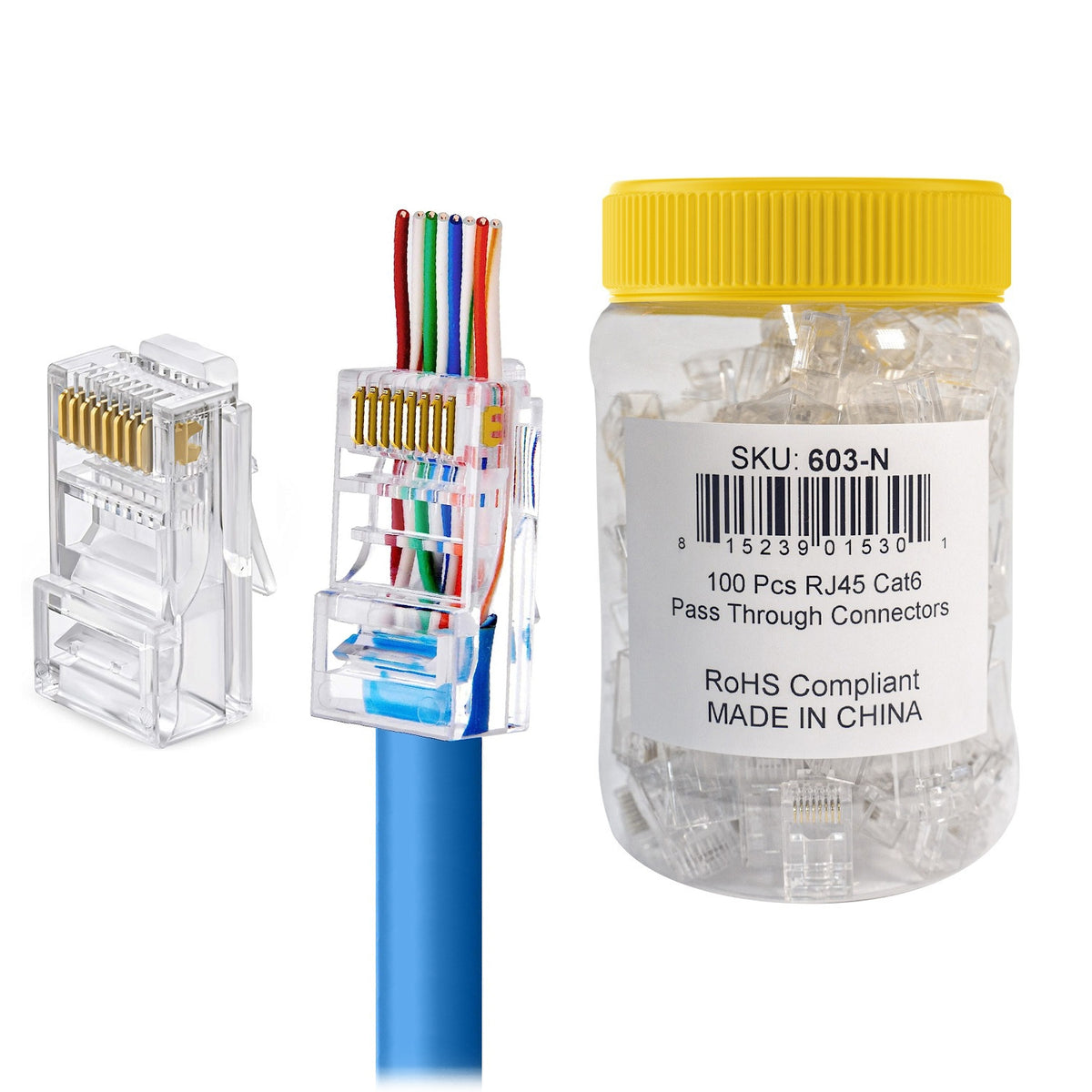 RJ45 Pass-Through Modular Plug Cat5e Cat6 8P8C 50u Gold PoE 100 Pack