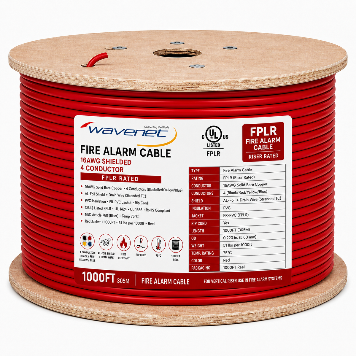 Shielded Fire Alarm Cable 16AWG 4 Solid Conductors Bare Copper FPLR Riser 1000ft Red