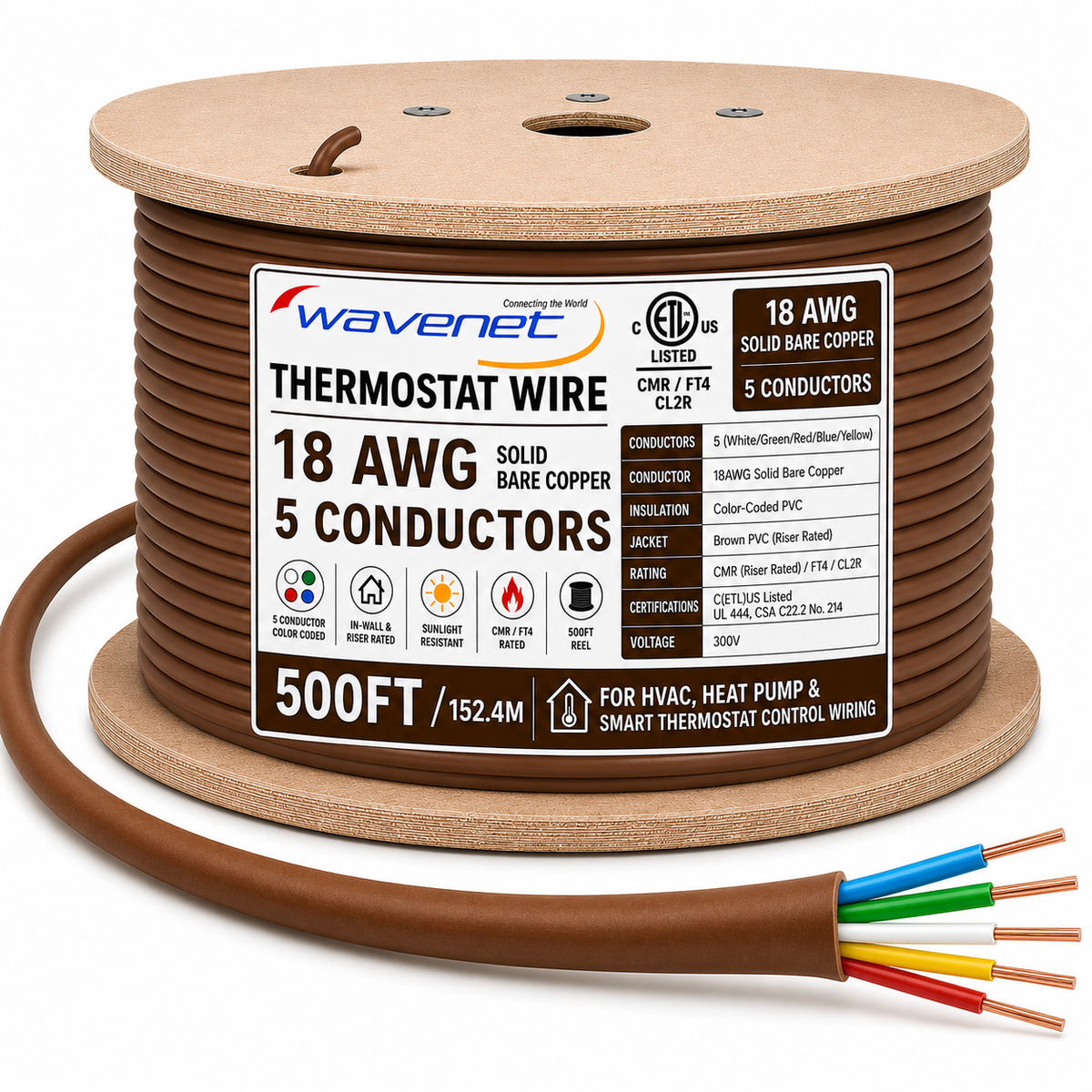Thermostat Wire 18AWG Solid Bare Copper CMR CL2R Brown 2 3 4 5 8 Conductors
