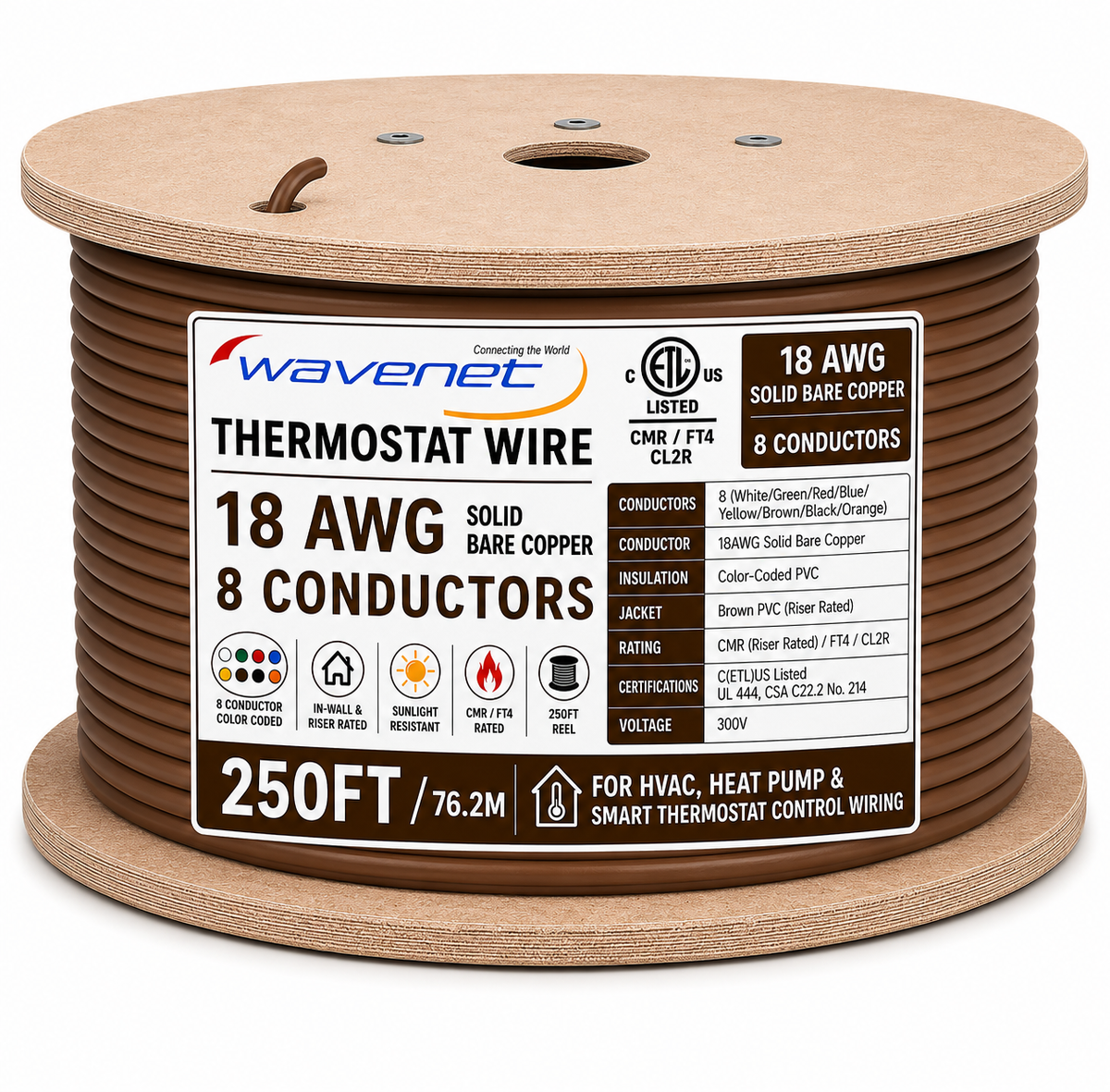 Thermostat Wire 18AWG Solid Bare Copper CMR CL2R Brown 2 3 4 5 8 Conductors