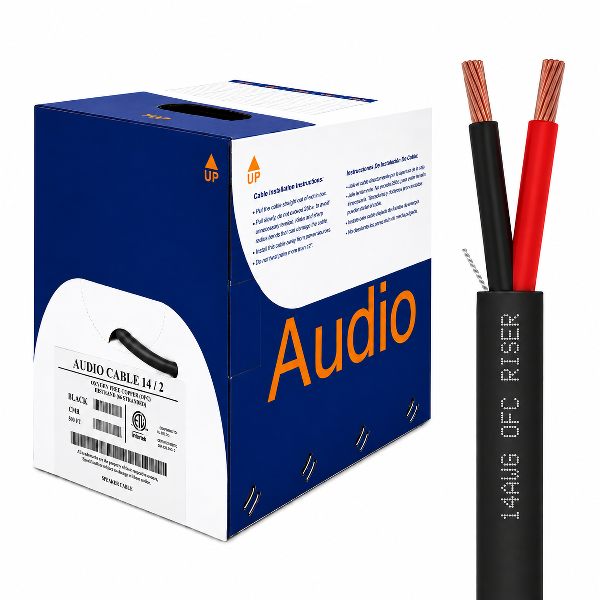 Speaker Wire 14AWG 2 Stranded Conductors OFC In-Wall CMR Riser CL3R 500ft