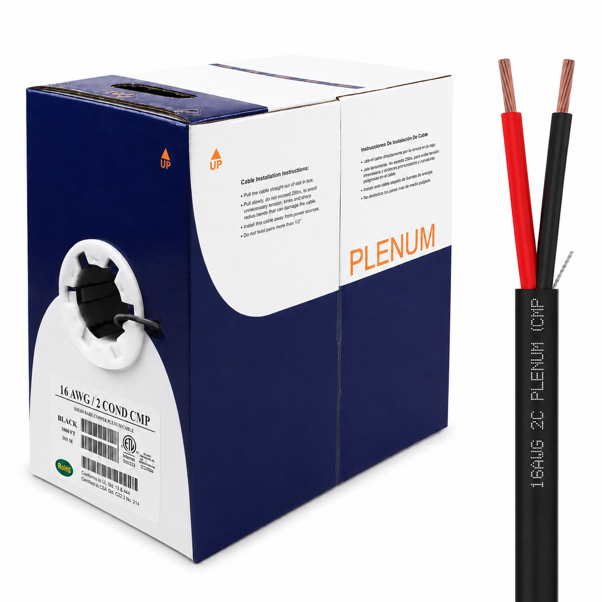 Plenum Control Cable Unshielded 16AWG 2 Conductor CMP Stranded Copper 1000ft Black White
