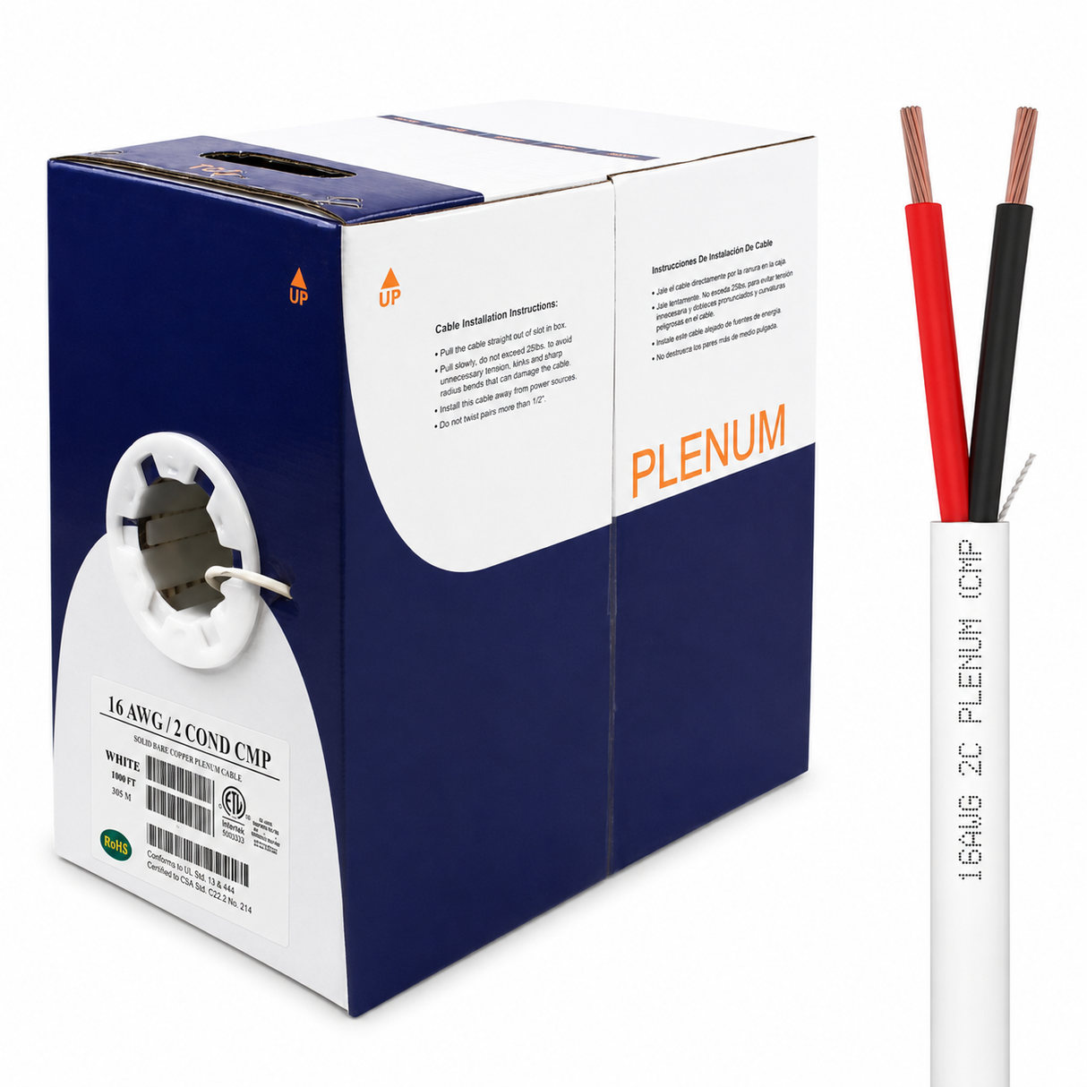 Plenum Control Cable Unshielded 16AWG 2 Conductor CMP Stranded Copper 1000ft Black White