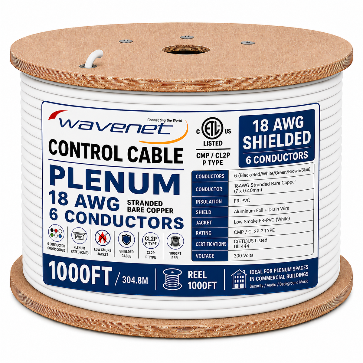 Plenum Control Cable Shielded 18AWG 6 Conductor CMP Stranded Copper 1000ft White