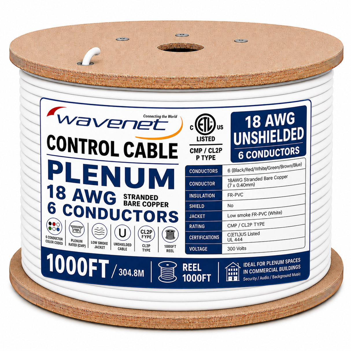 Plenum Control Cable Unshielded 18AWG 6 Conductor CMP Stranded Copper 1000ft White