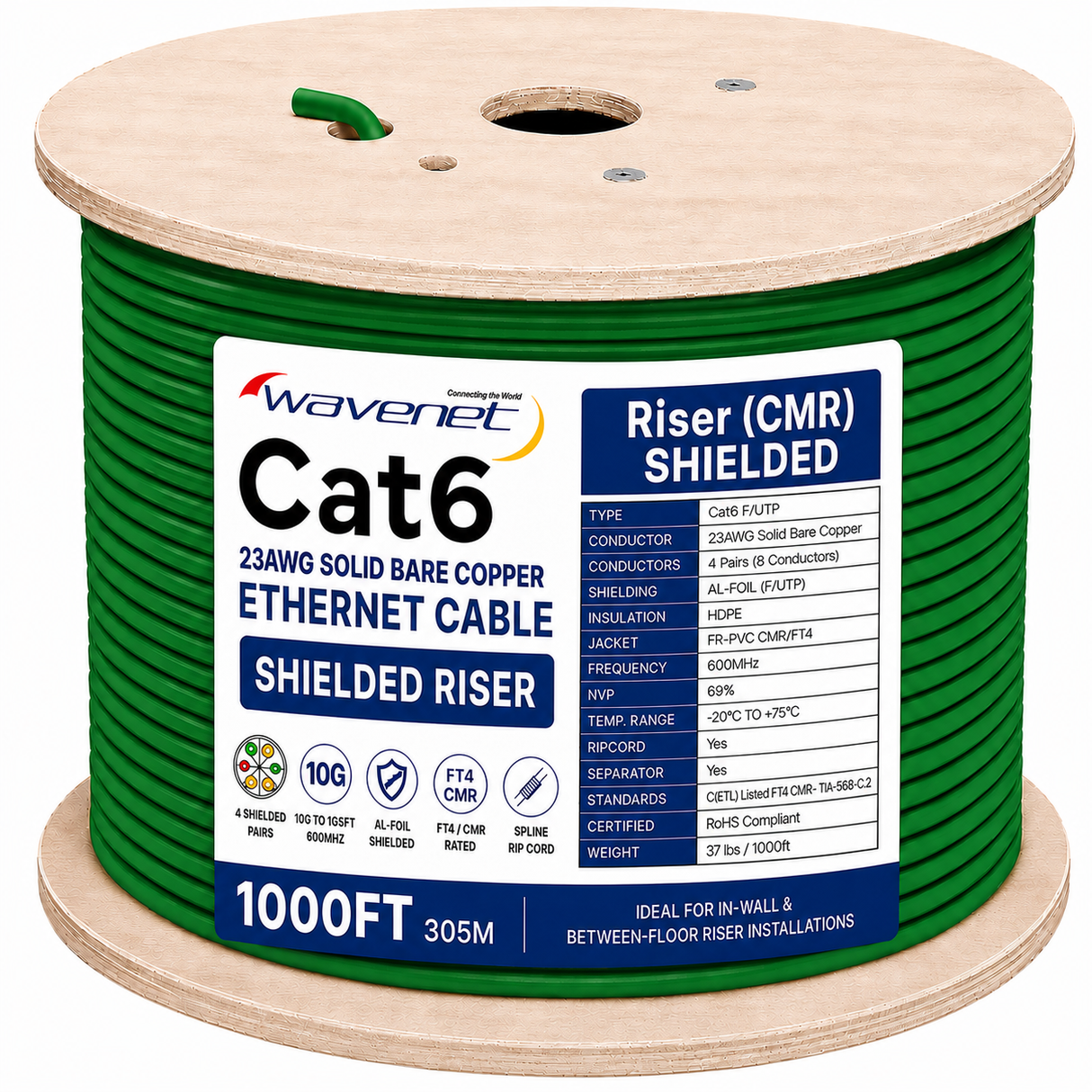 Cat6 Shielded Riser Ethernet Cable 1000ft 23AWG Solid Bare Copper 600MHz CMR ETL Listed