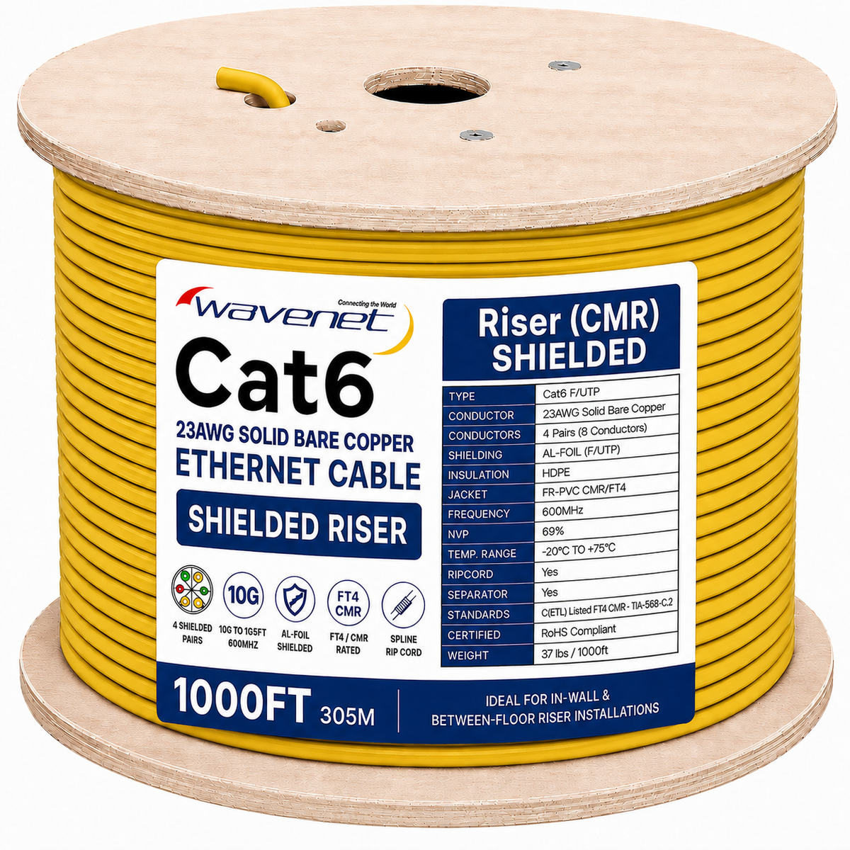 Cat6 Shielded Riser Ethernet Cable 1000ft 23AWG Solid Bare Copper 600MHz CMR ETL Listed