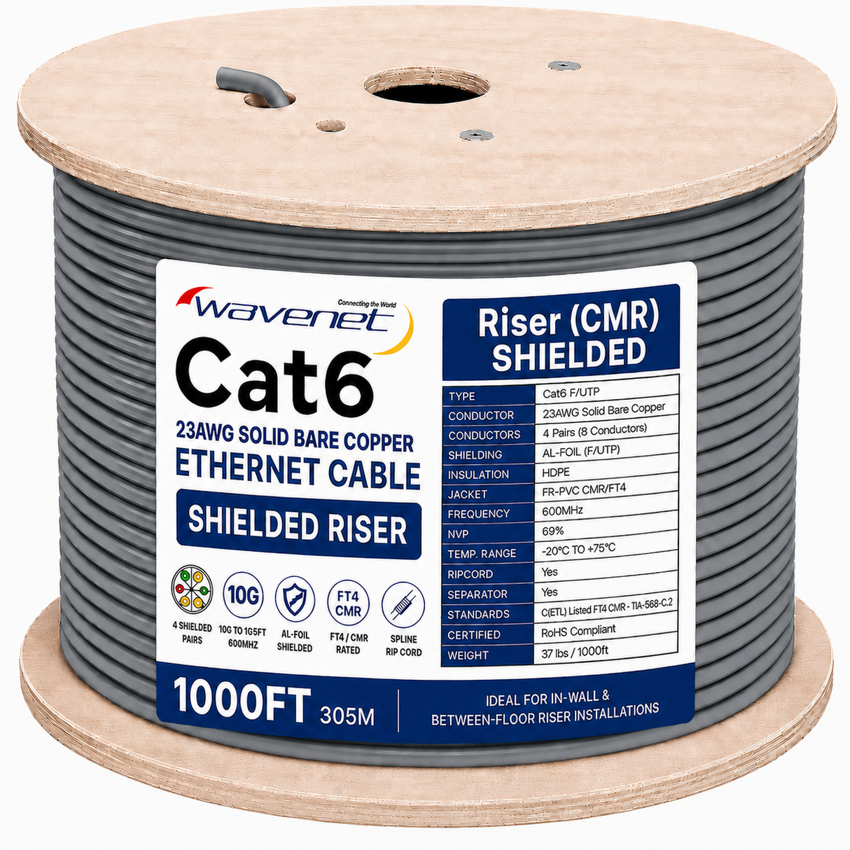 Cat6 Shielded Riser Ethernet Cable 1000ft 23AWG Solid Bare Copper 600MHz CMR ETL Listed
