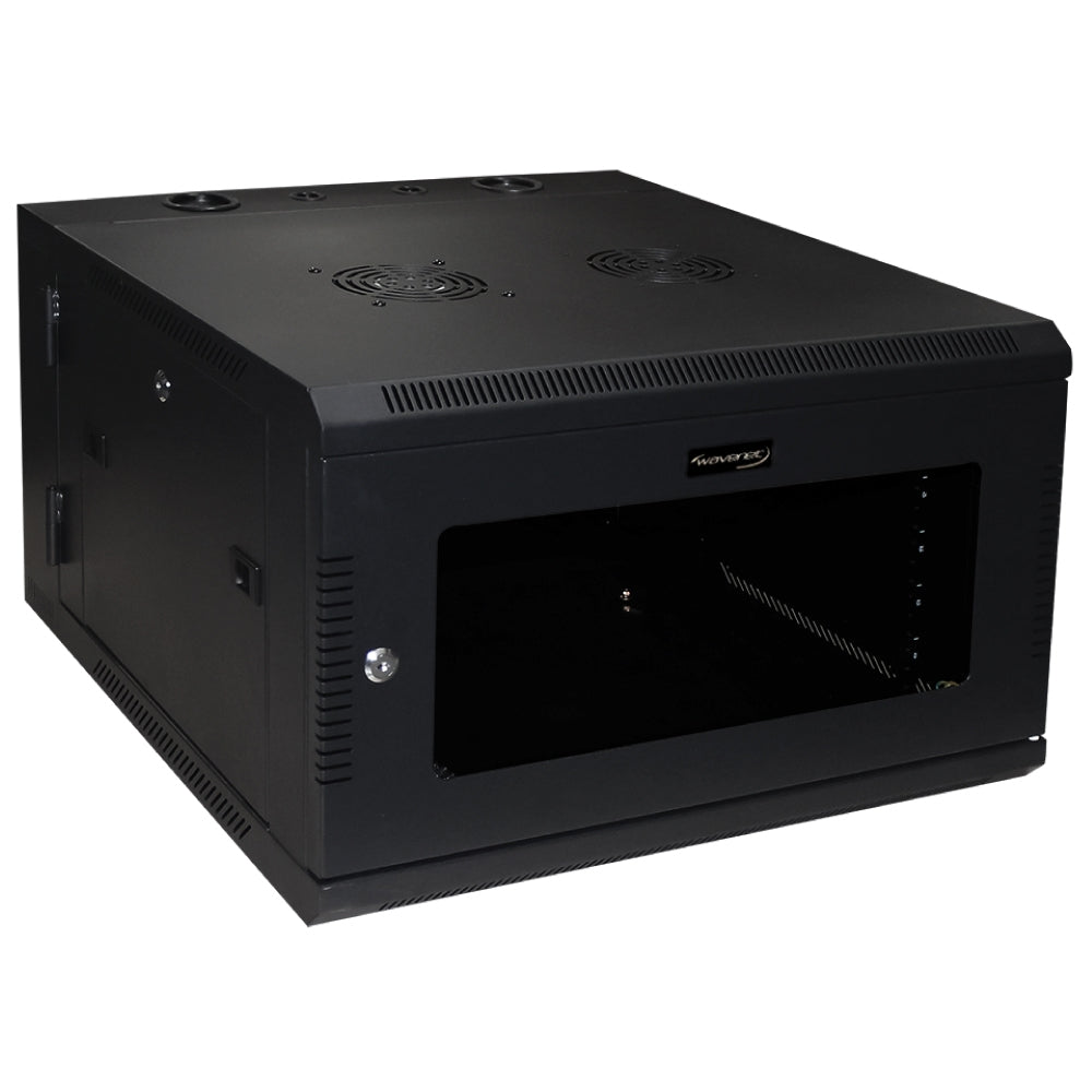 6U Wall Mount Server Cabinet Swing Out 24in Depth Tempered Glass Door Steel Black