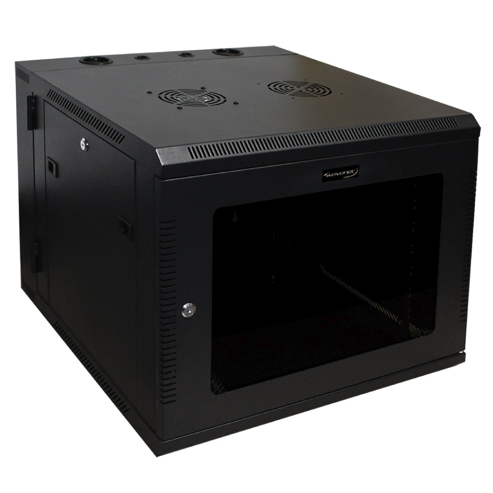 9U Wall Mount Server Cabinet Swing Out 24in Depth Tempered Glass Door Steel Black