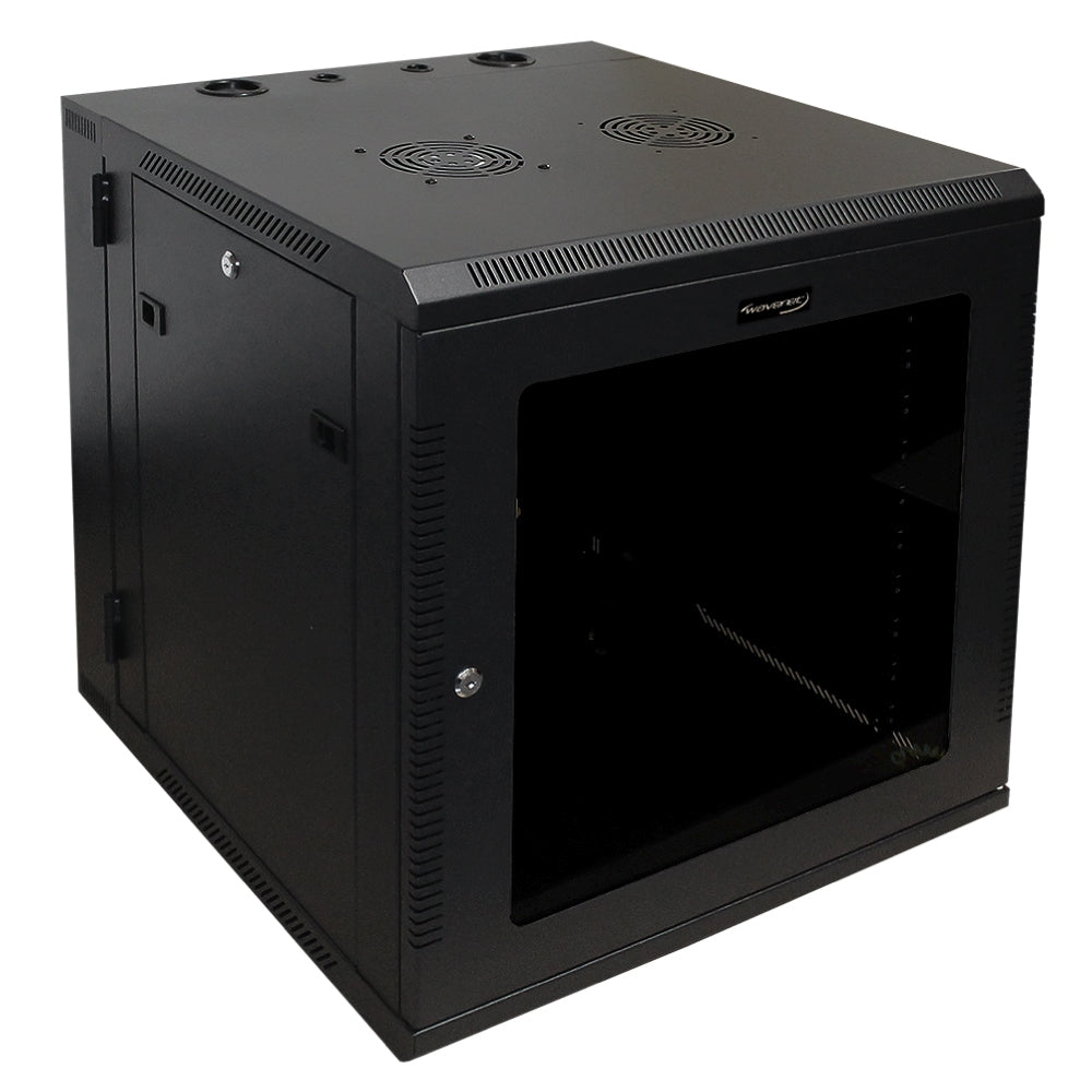 12U Wall Mount Server Cabinet Swing Out 24in Depth Tempered Glass Door Steel Black