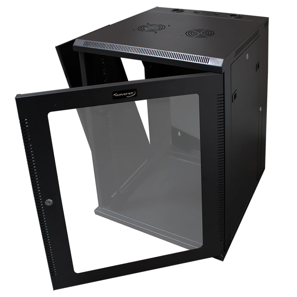 18U Wall Mount Server Cabinet Swing Out 24in Depth Tempered Glass Door Steel Black