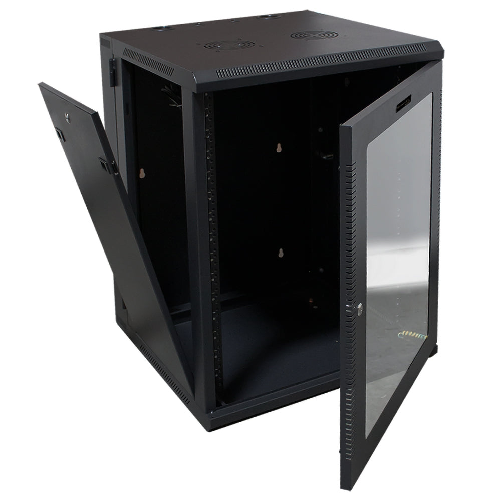 18U Wall Mount Server Cabinet Swing Out 24in Depth Tempered Glass Door Steel Black