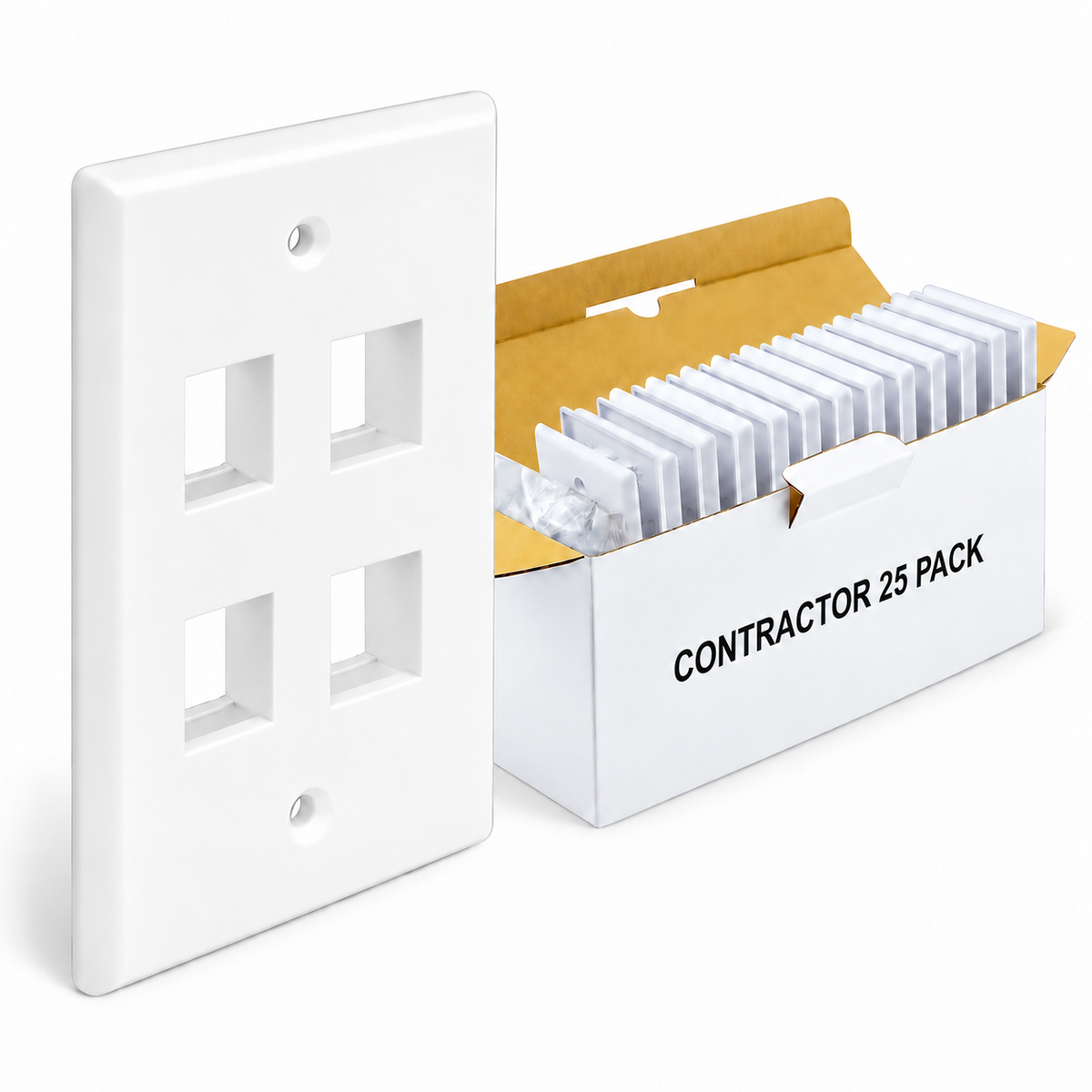 Keystone Wall Plate 1/2/3/4/6-Port Single-Gang Flush Mount, White, 25-Pack