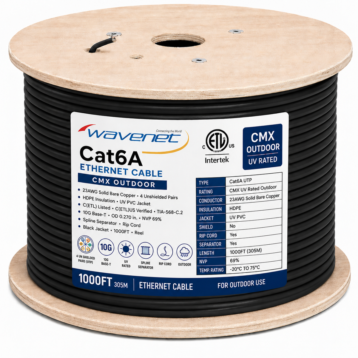 Cat6A Ethernet Cable Outdoor 23AWG Solid Bare Copper UTP CMX UV Rated 1000ft
