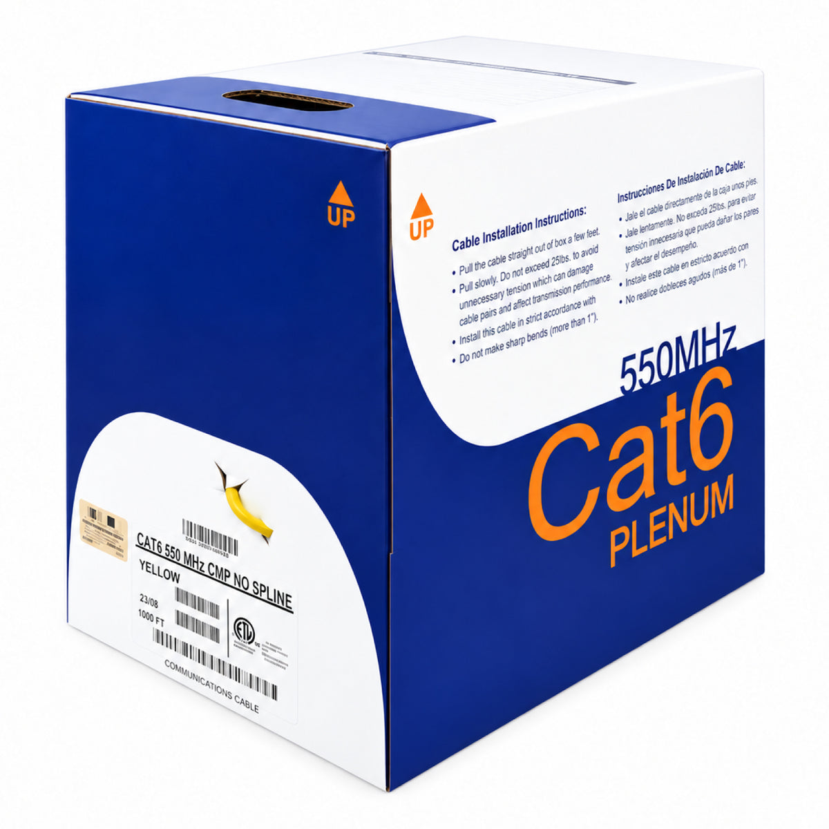 Cat6 Ethernet Cable CMP Plenum 23AWG Solid Bare Copper No Spline UTP 550MHz 1000ft