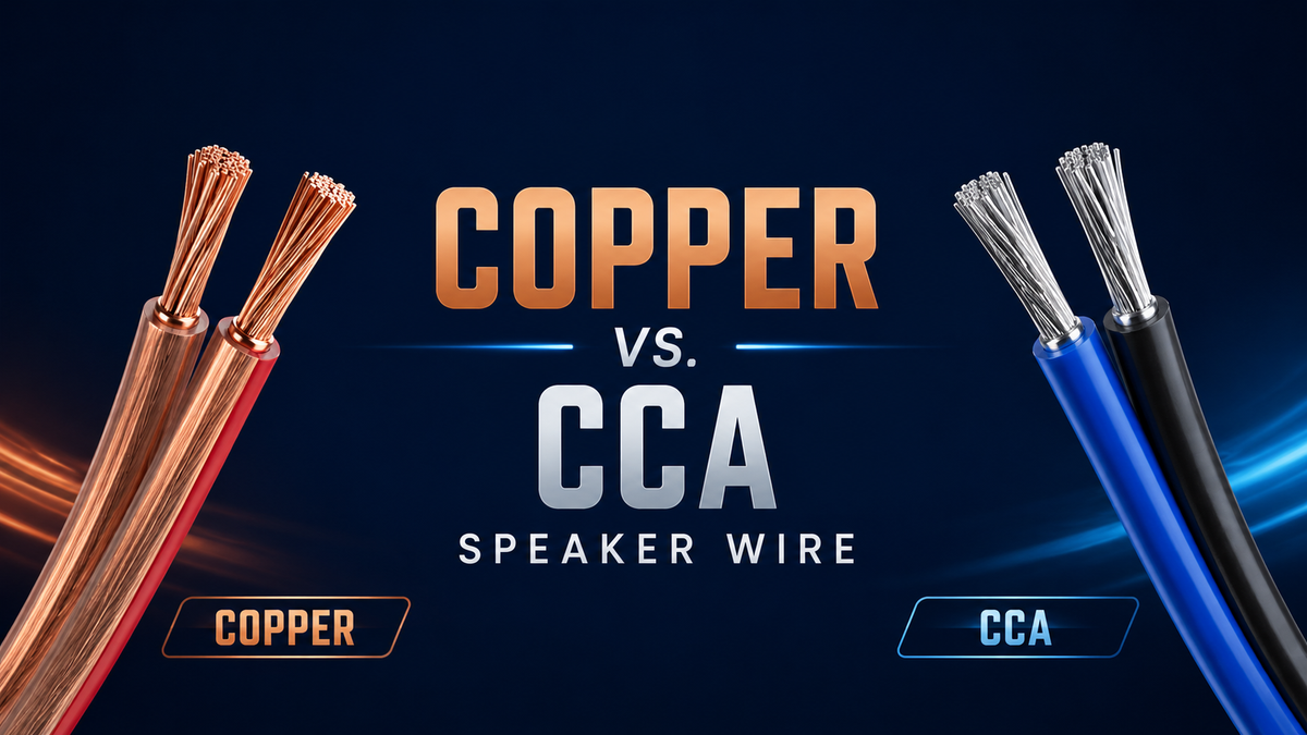 Copper-colored cable compared with silver-core CCA speaker wire on a dark blue background.