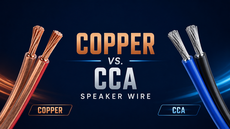 Copper-colored cable compared with silver-core CCA speaker wire on a dark blue background.