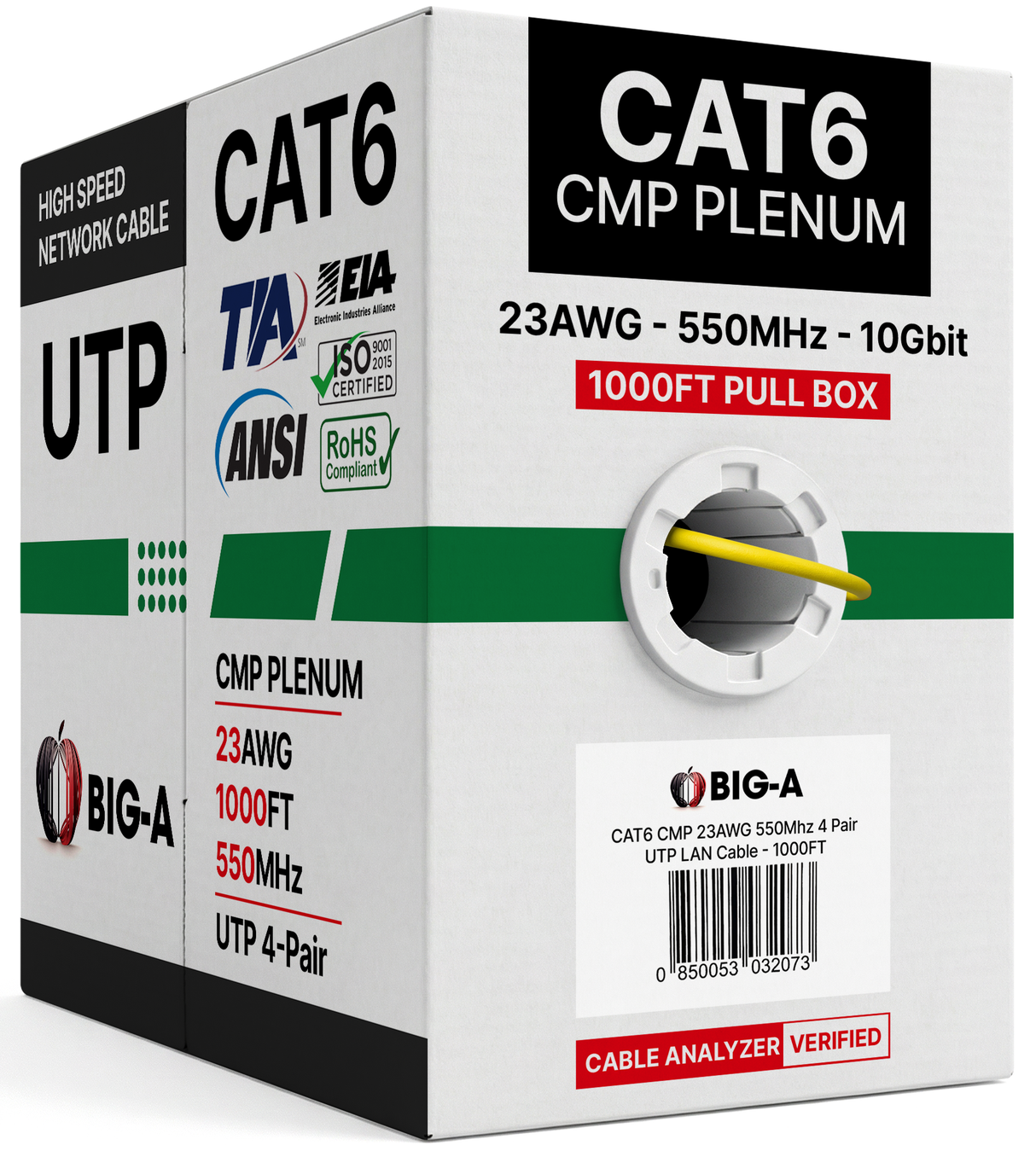 Cat6 Ethernet Cable CMP Plenum 23AWG Solid UTP FEP 550MHz Easy Pull Box 1000ft