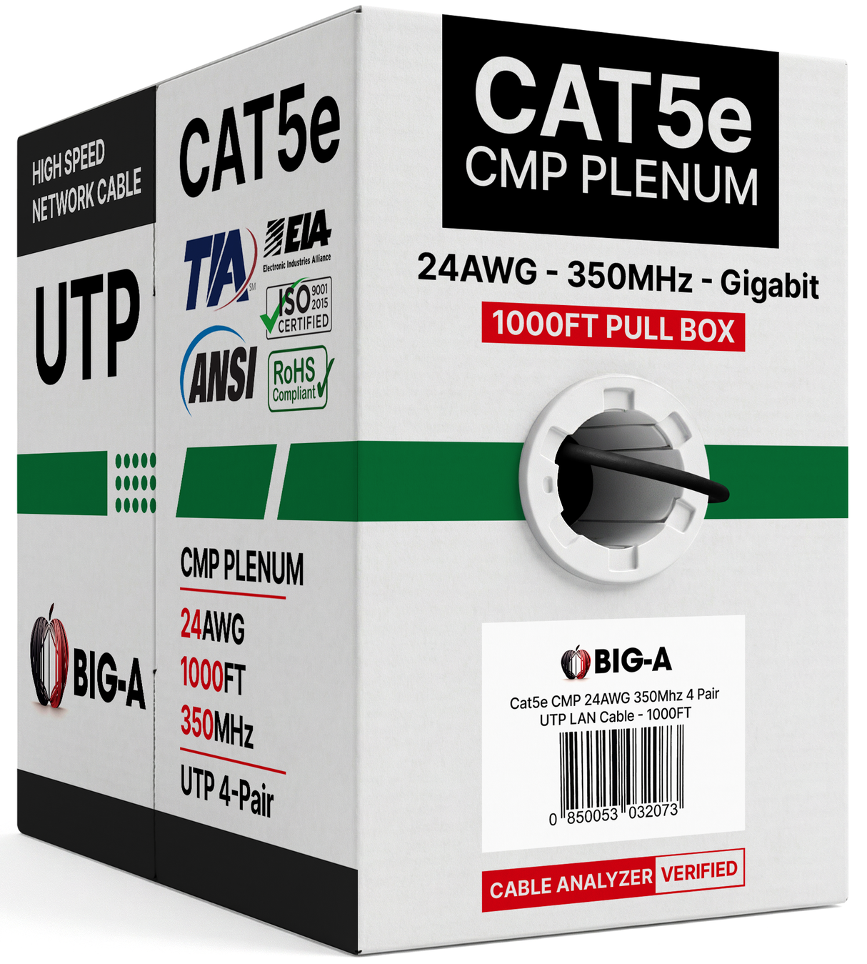 Cat5e Plenum Cable 1000ft CMP 24AWG UTP 350MHz – Bulk Ethernet Network Wire, Unshielded
