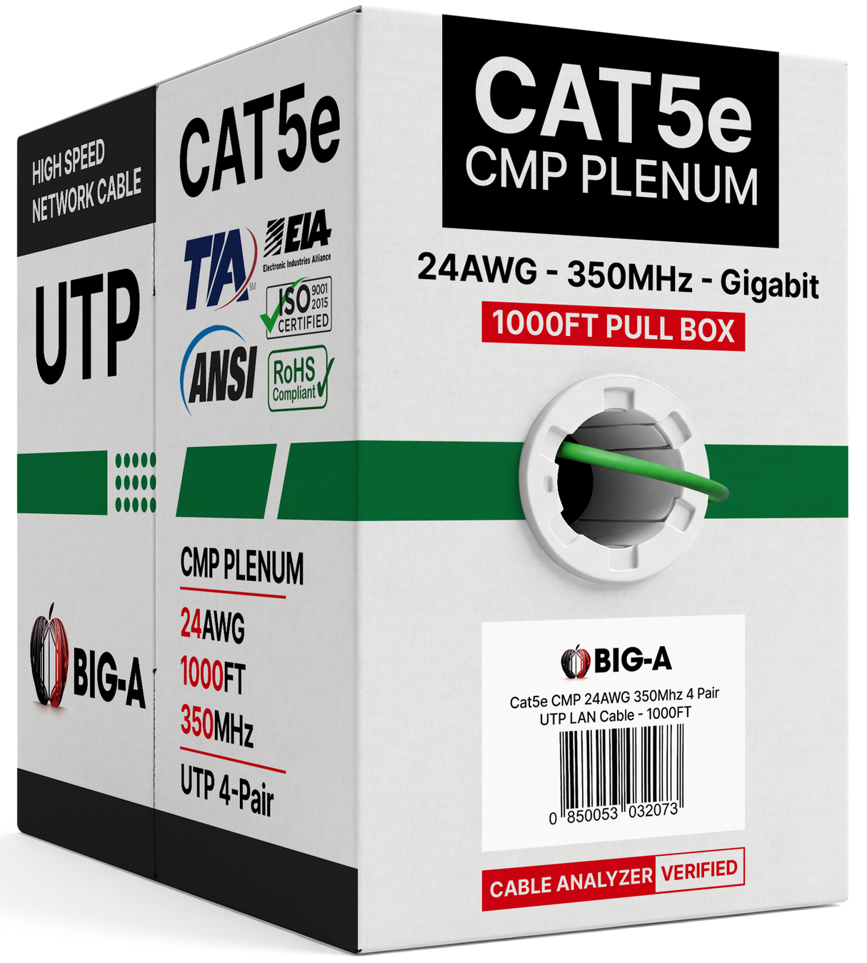 Cat5e Plenum Cable 1000ft CMP 24AWG UTP 350MHz – Bulk Ethernet Network Wire, Unshielded