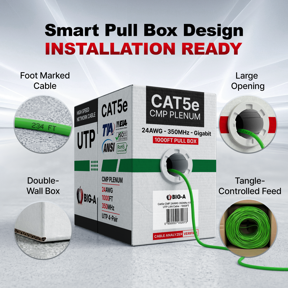 Cat5e Plenum Cable 1000ft CMP 24AWG UTP 350MHz – Bulk Ethernet Network Wire, Unshielded