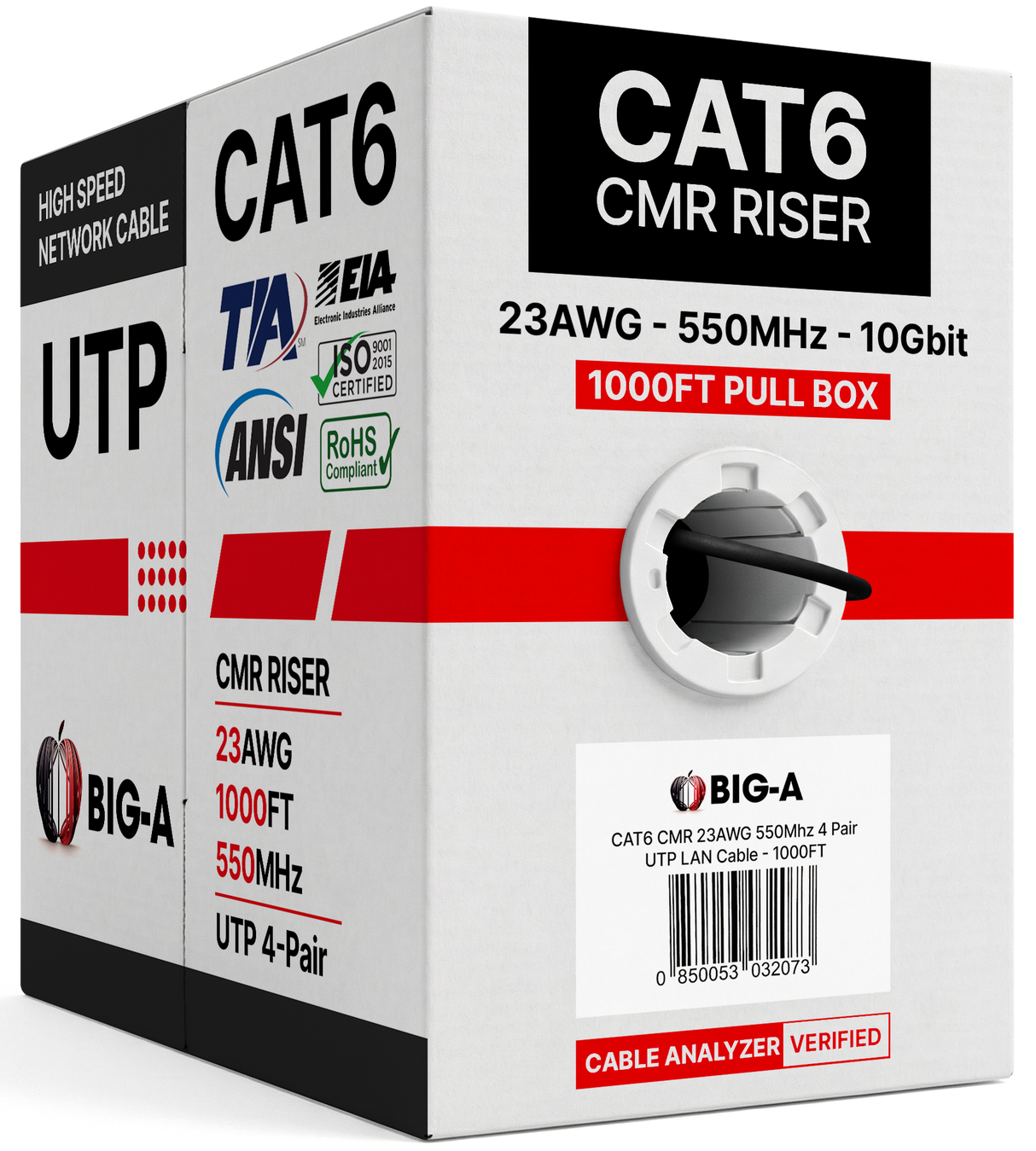 Cat6 Ethernet Cable CMR Riser 23AWG UTP 550MHz Easy Pull Box 1000ft
