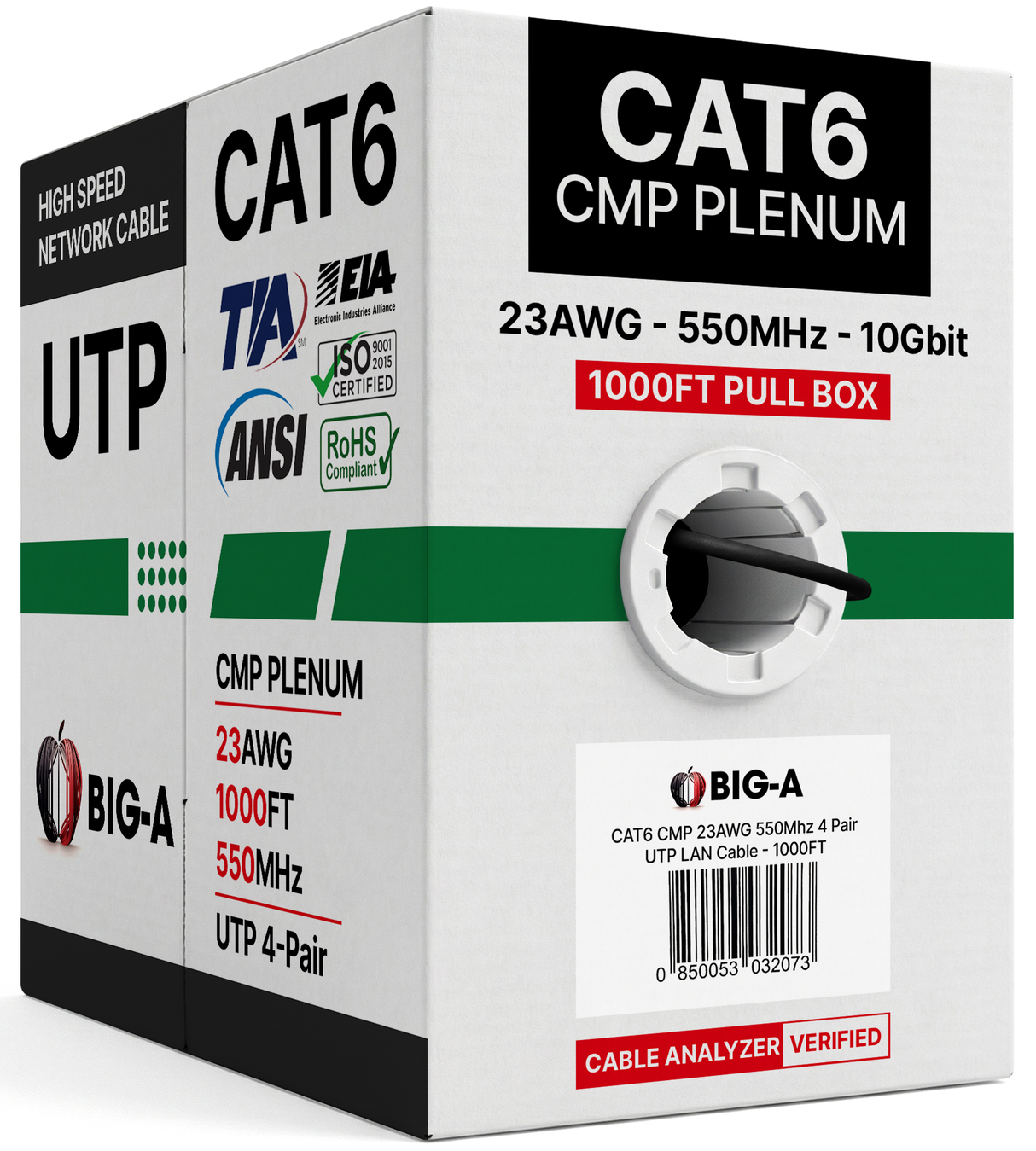 Cat6 Plenum CMP Ethernet Cable 550MHz UTP Pull Box 1000ft 5 Colors