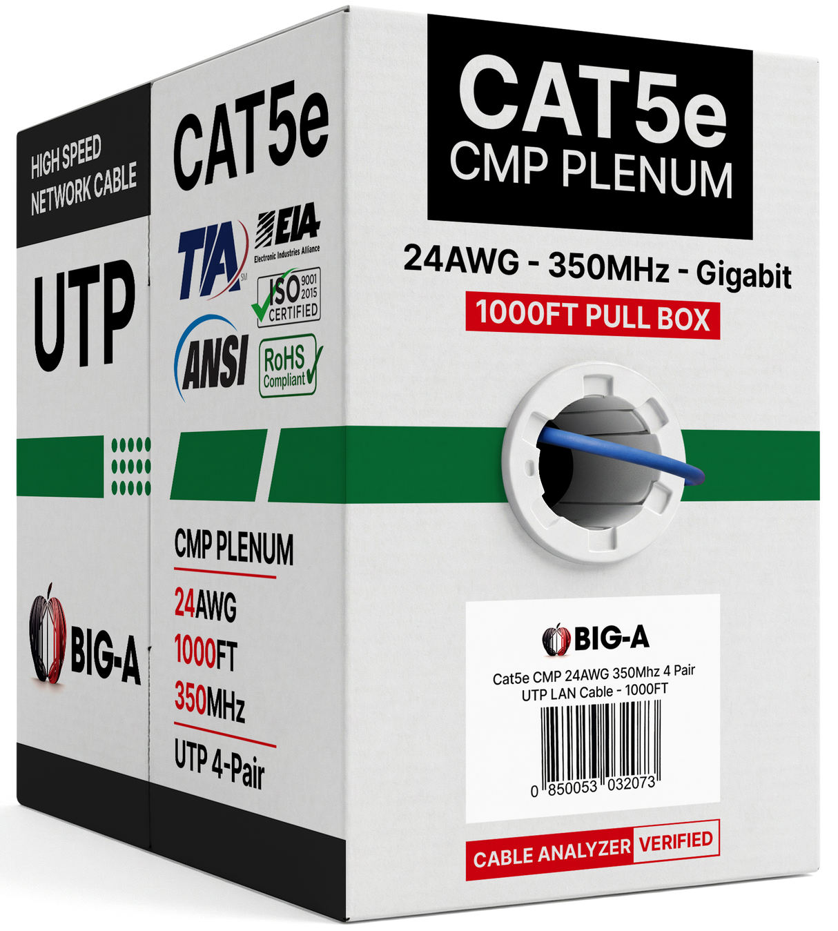 Cat5e Plenum Cable 1000ft CMP 24AWG UTP 350MHz – Bulk Ethernet Network Wire, Unshielded