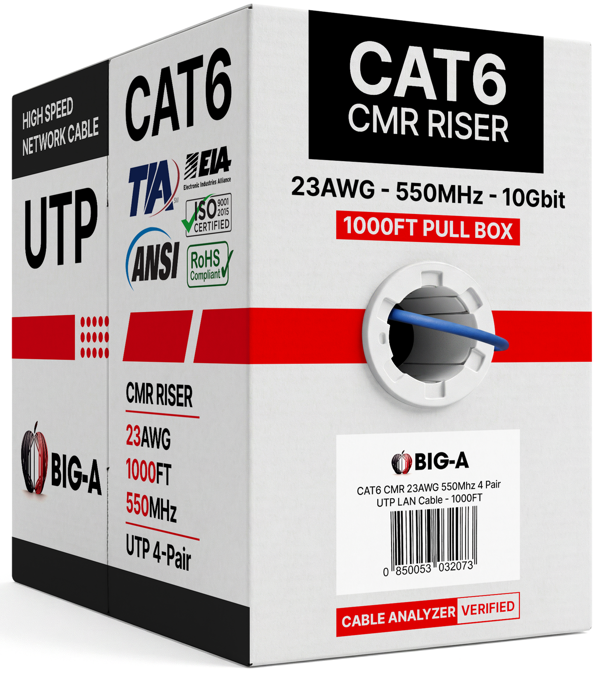Cat6 Ethernet Cable CMR Riser 23AWG UTP 550MHz Easy Pull Box 1000ft