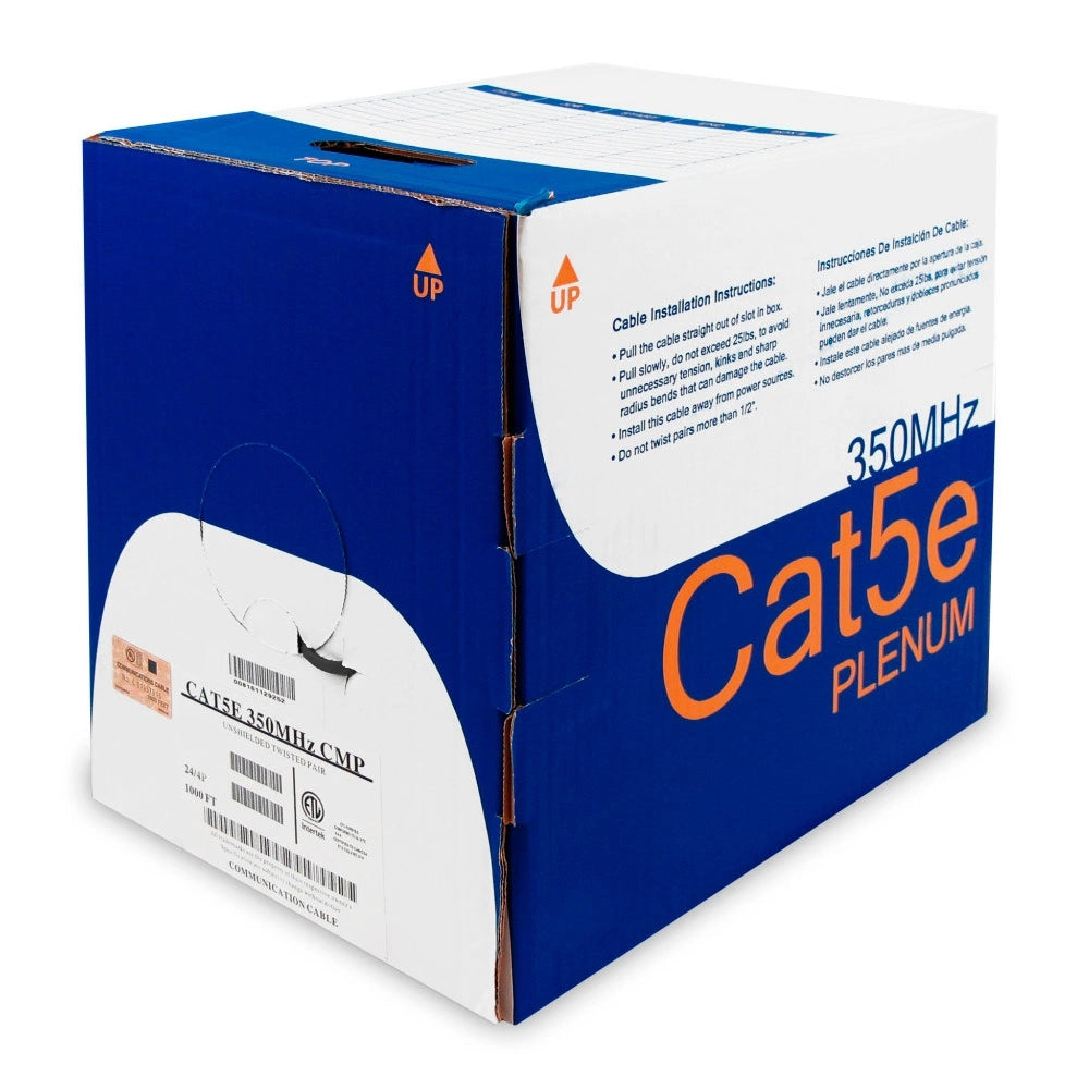 Cat5e Plenum Ethernet Cable 1000ft 24AWG Solid Bare Copper 350MHz CMP ETL Listed