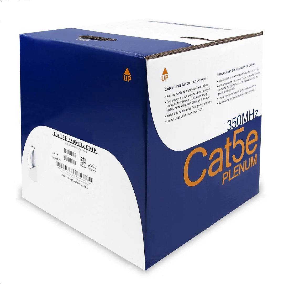 Cat5e Shielded Plenum Ethernet Cable 1000ft 24AWG Solid Bare Copper 350MHz CMP ETL Listed