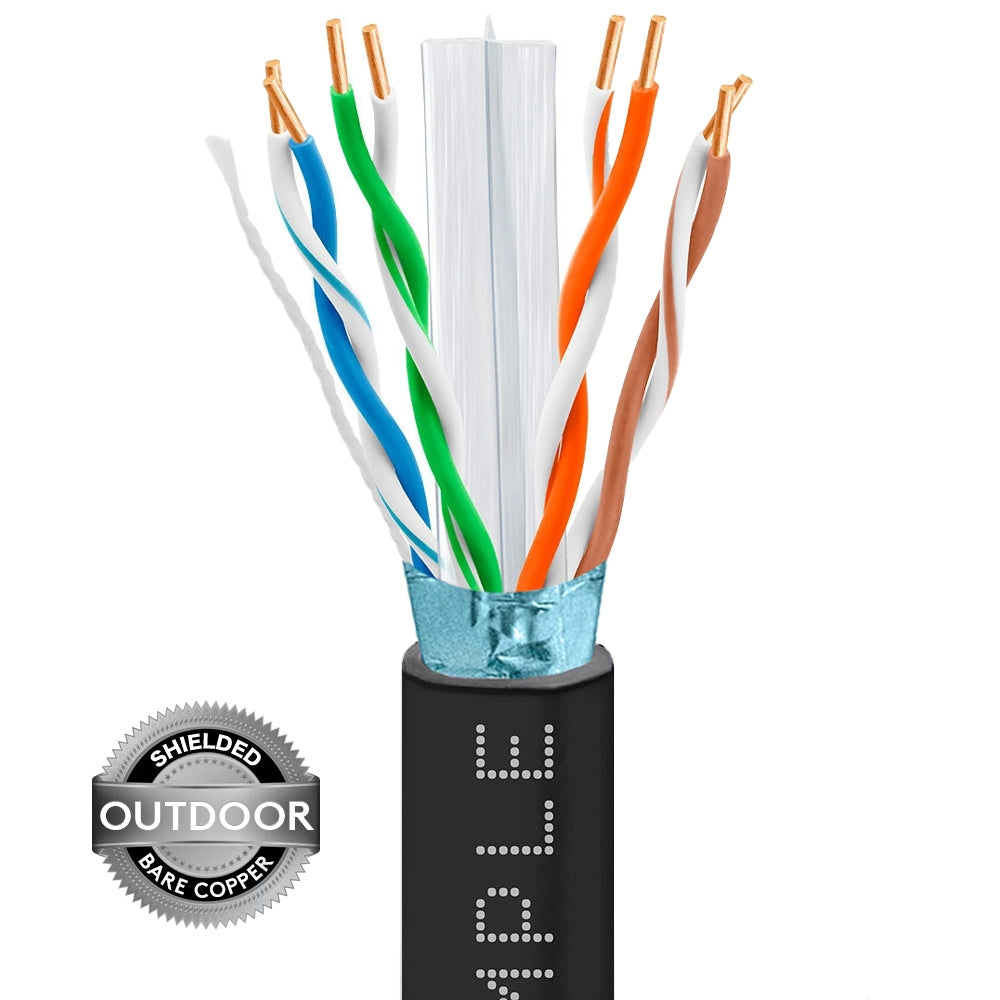 Cat6 Outdoor Direct Burial Ethernet Cable CMX Solid Bare Copper 23AWG 1000ft Black