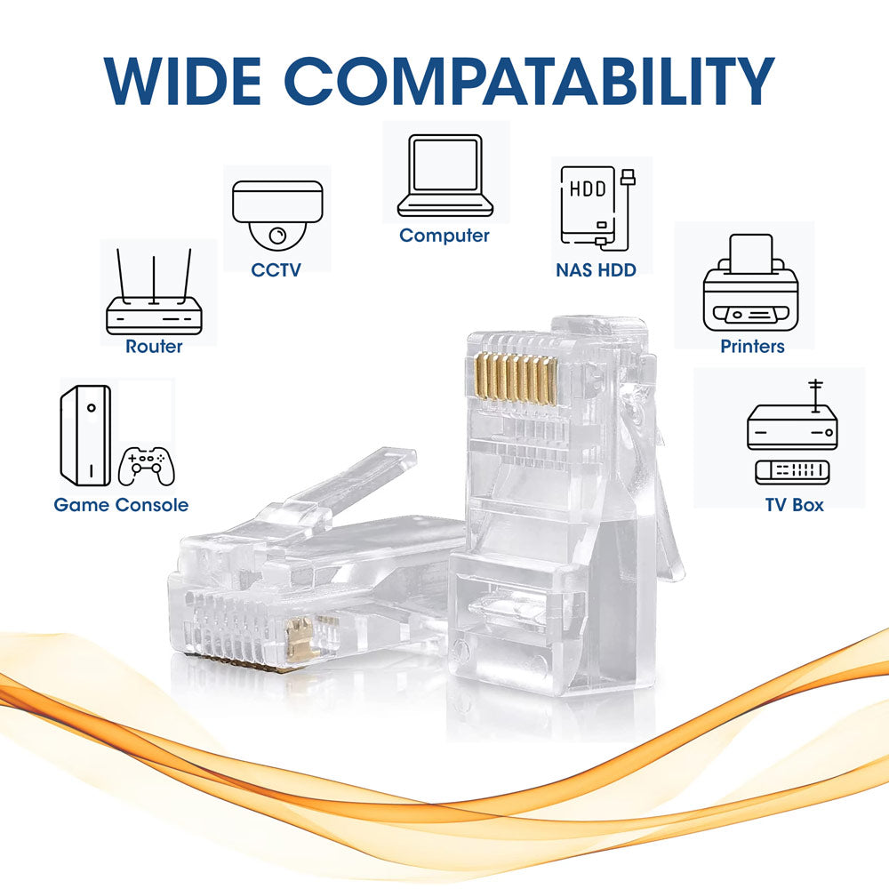 RJ45 Cat6 Modular Plug 8P8C 50u Gold Easy Crimp Solid Wire 100 Pack