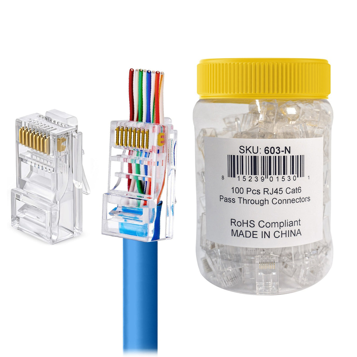 RJ45 Pass-Through Modular Plug Cat5e Cat6 8P8C 50u Gold PoE 100 Pack