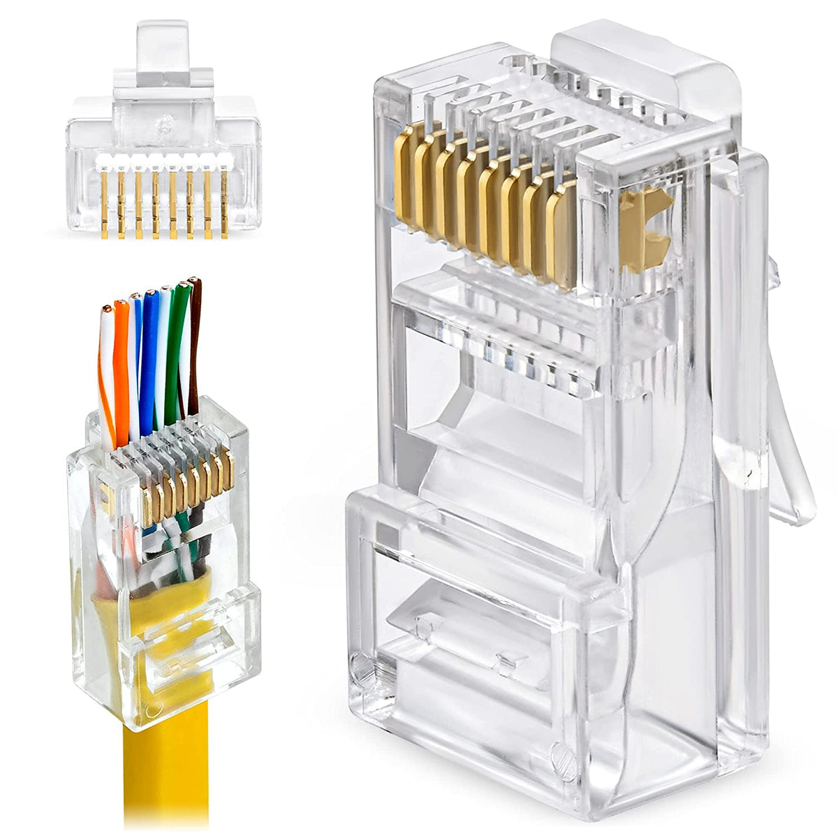 RJ45 Pass-Through Modular Plug Cat5e Cat6 8P8C 50u Gold PoE 100 Pack