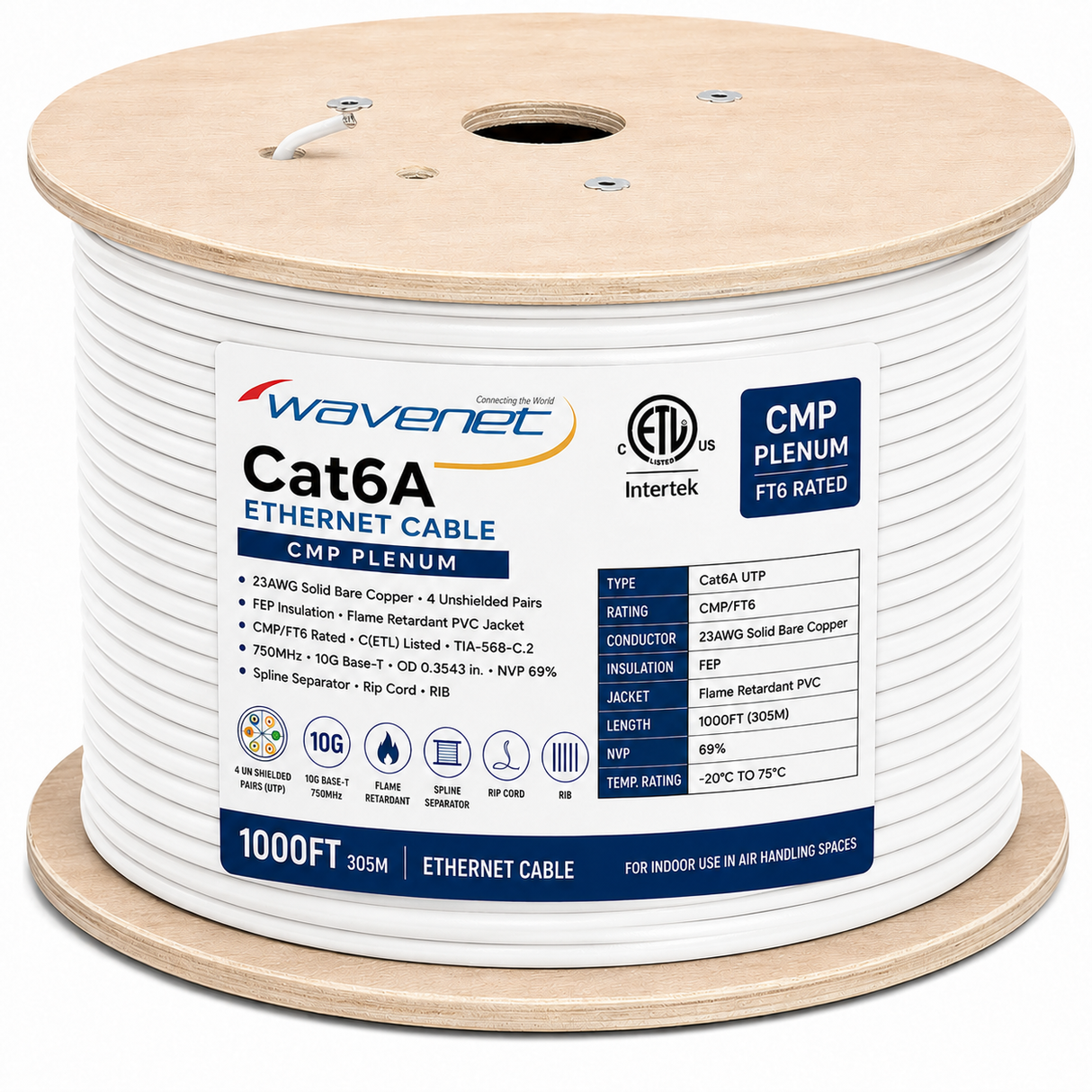 Cat6A Plenum Ethernet Cable 1000ft 23AWG Solid Bare Copper 750MHz CMP PoE++ ETL Listed