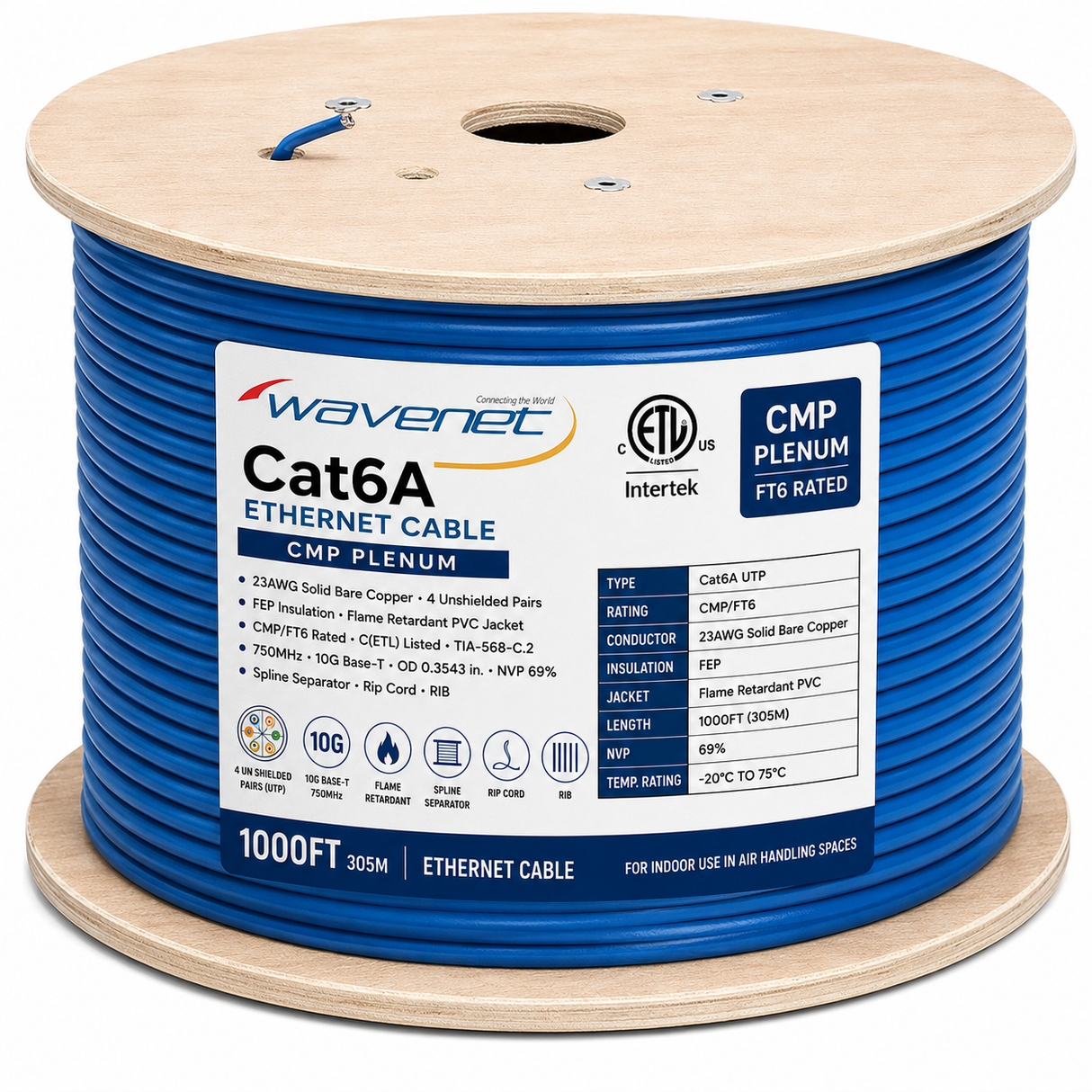 Cat6A Plenum Ethernet Cable 1000ft 23AWG Solid Bare Copper 750MHz CMP PoE++ ETL Listed