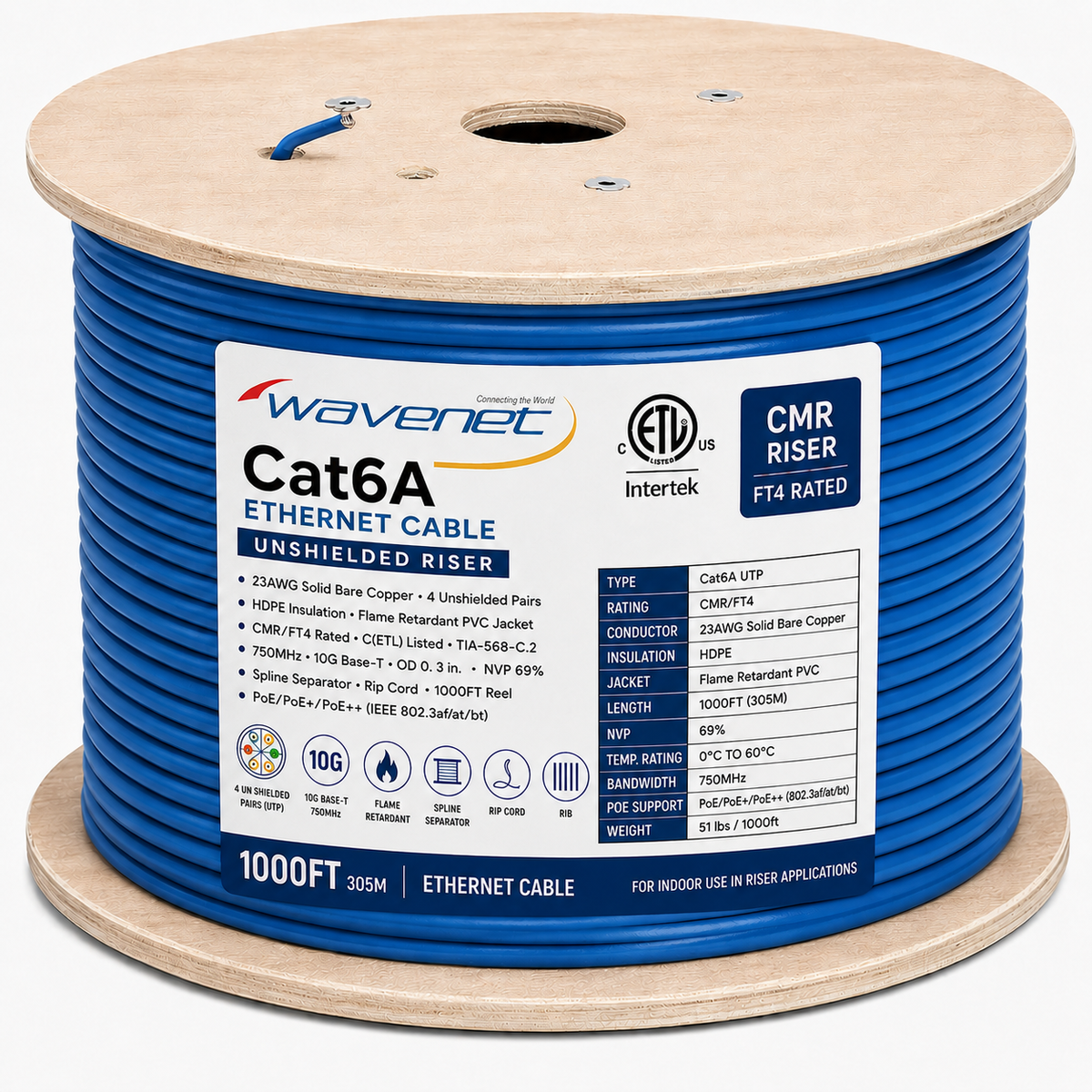 Cat6A Riser Ethernet Cable 1000ft 23AWG Solid Bare Copper 750MHz CMR PoE++ ETL Listed