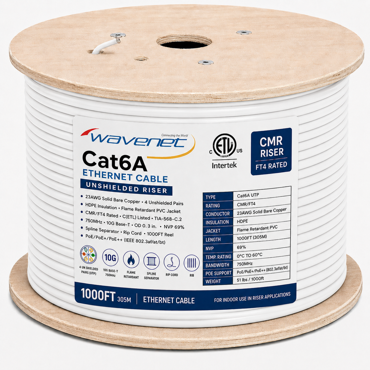 Cat6A Riser Ethernet Cable 1000ft 23AWG Solid Bare Copper 750MHz CMR PoE++ ETL Listed